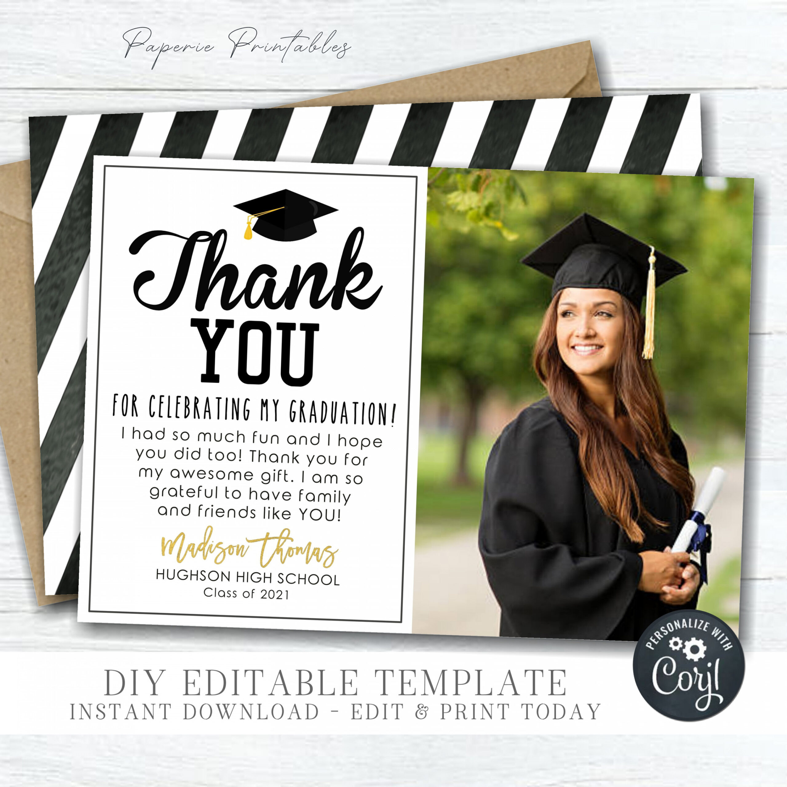 EDITABLE Graduation Thank You Card Gold Foil Thank You - Etsy