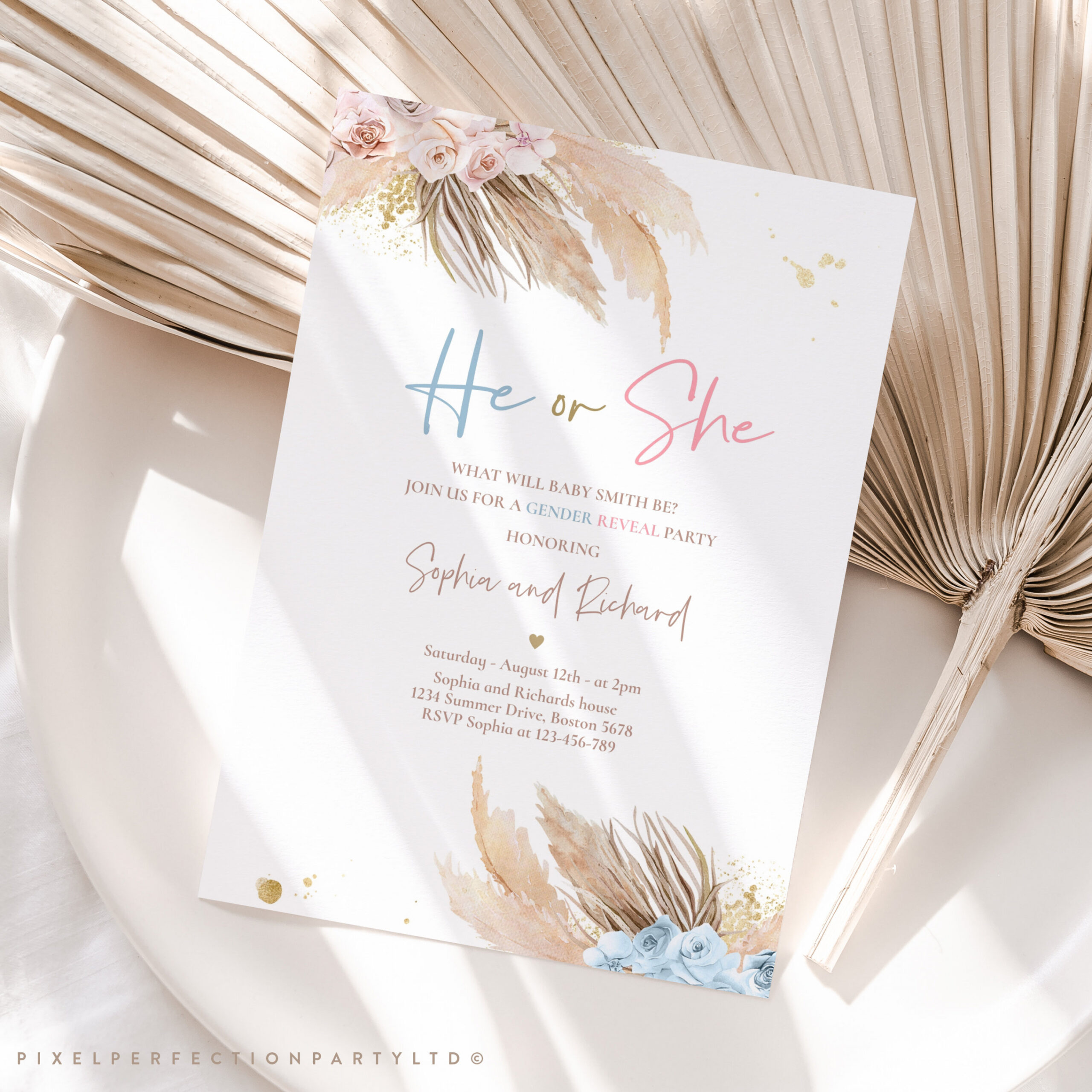 Editable Pampas Grass Gender Reveal Invitation Bohemian Gender