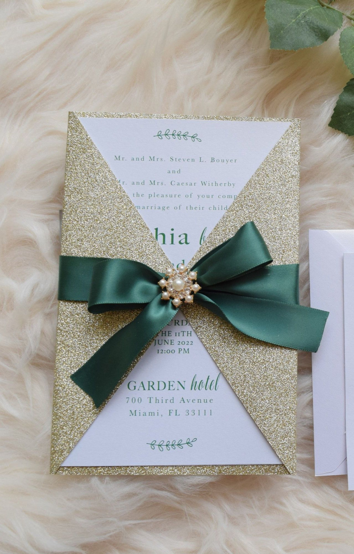 Emerald Green Wedding Invitation Gold Glitter and Forest Green