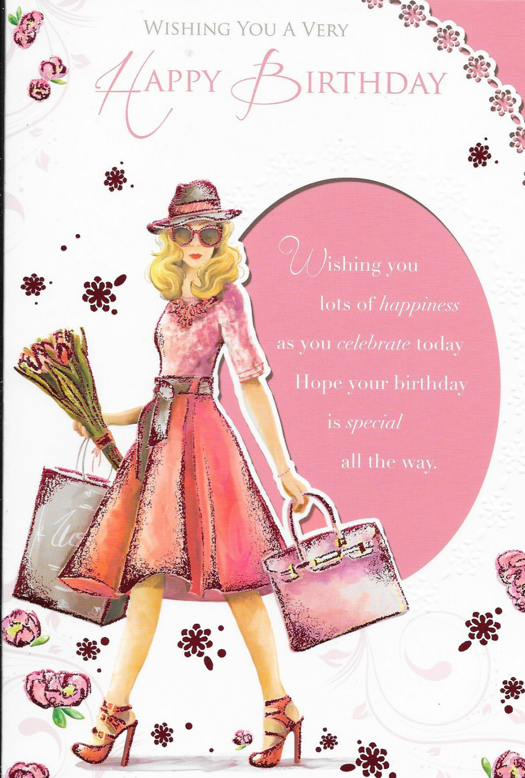 Female Happy Birthday Card **WOMAN SHOPPING WITH FLOWERS** LOVELY VERSE **  " x " **DD**