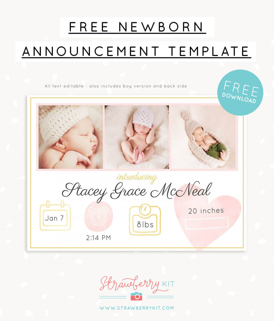 Free birth announcement template for photoshop – Strawberry Kit