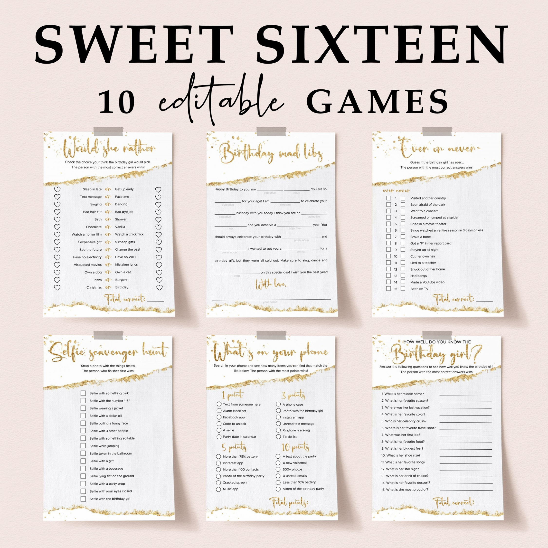 Gold Sweet  Games Printable Sweet Sixteen Activity Bundle - Etsy