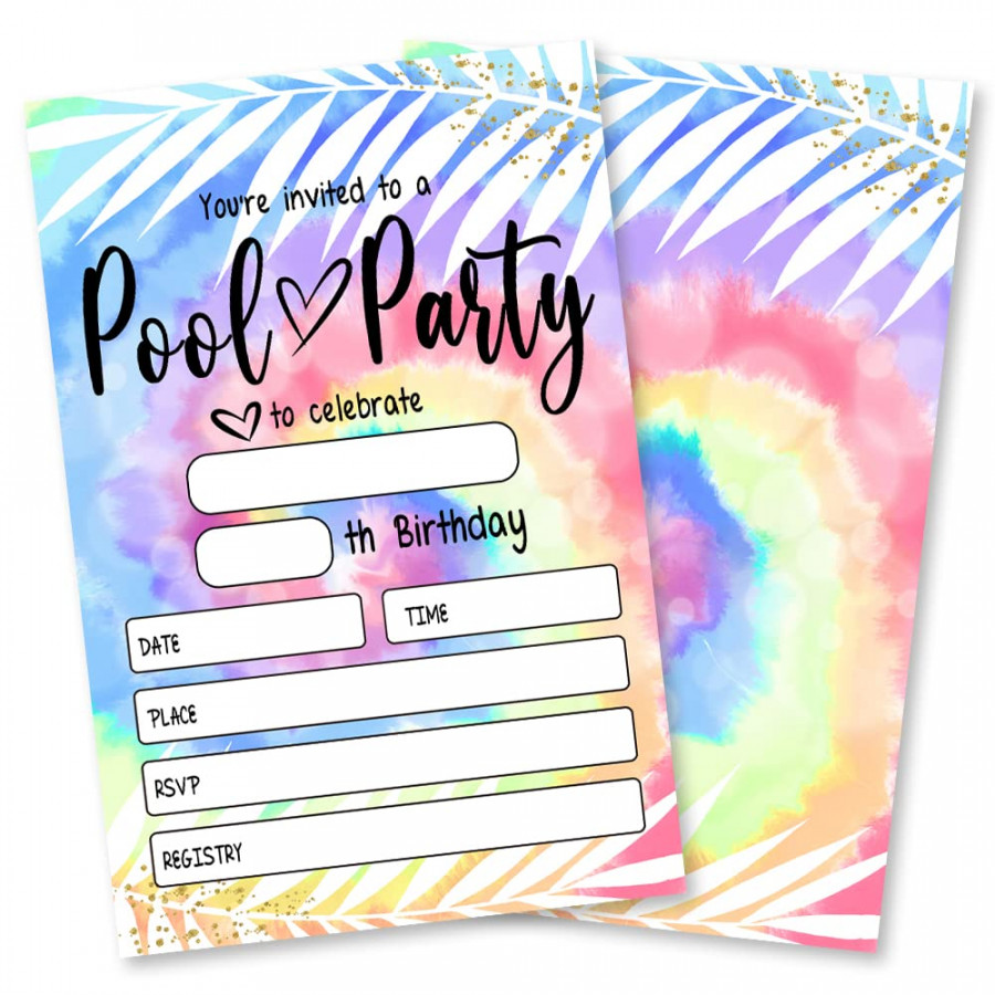 Grace Yonks Pool Party Invitation, Girly Tie Dye Pool Party Invitation,  Summer Swimming Pool Party,  Invitations and Envelopes, Pool Birthday  Party