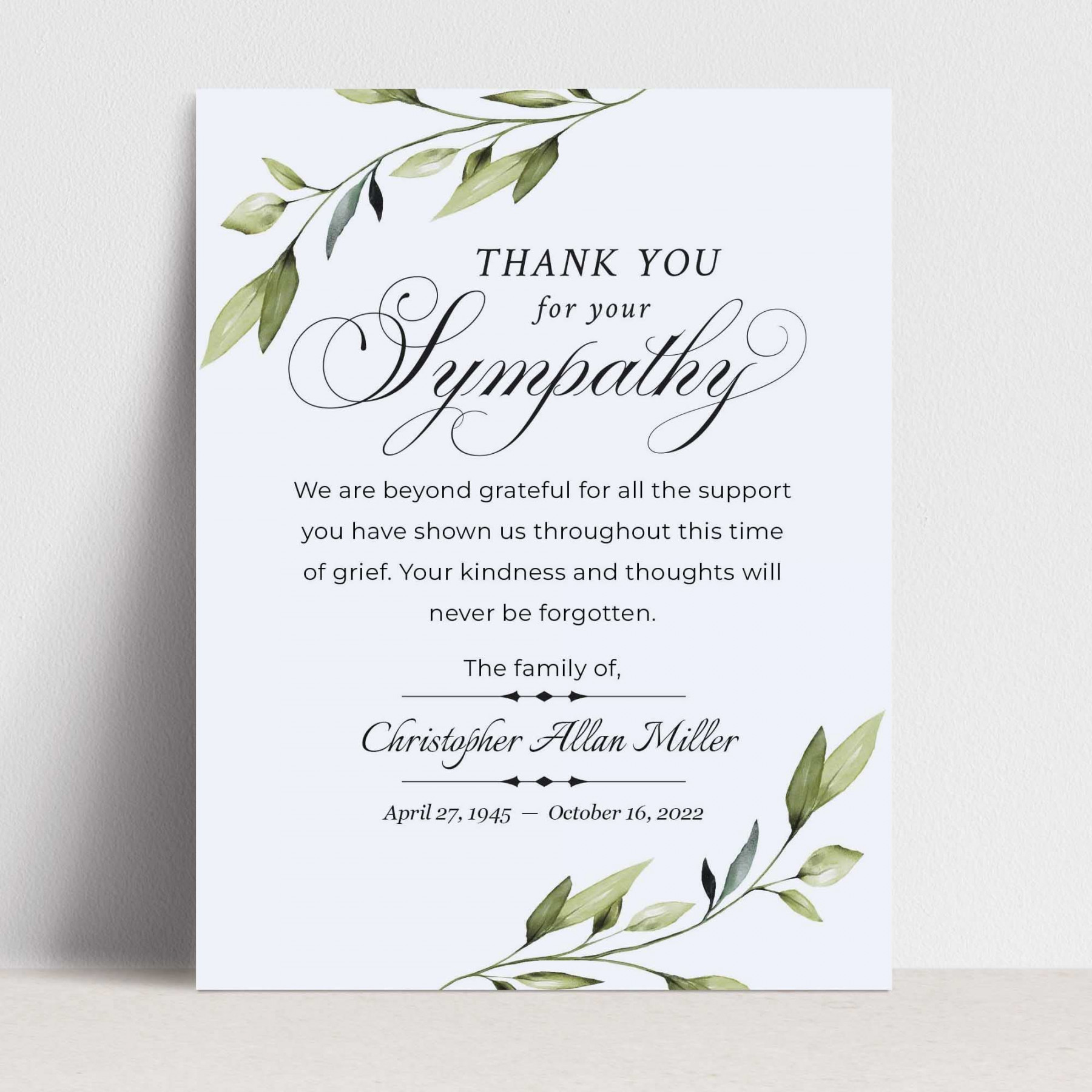 Greenery personalized sympathy thank you notes, Funeral thank you cards  with envelopes.