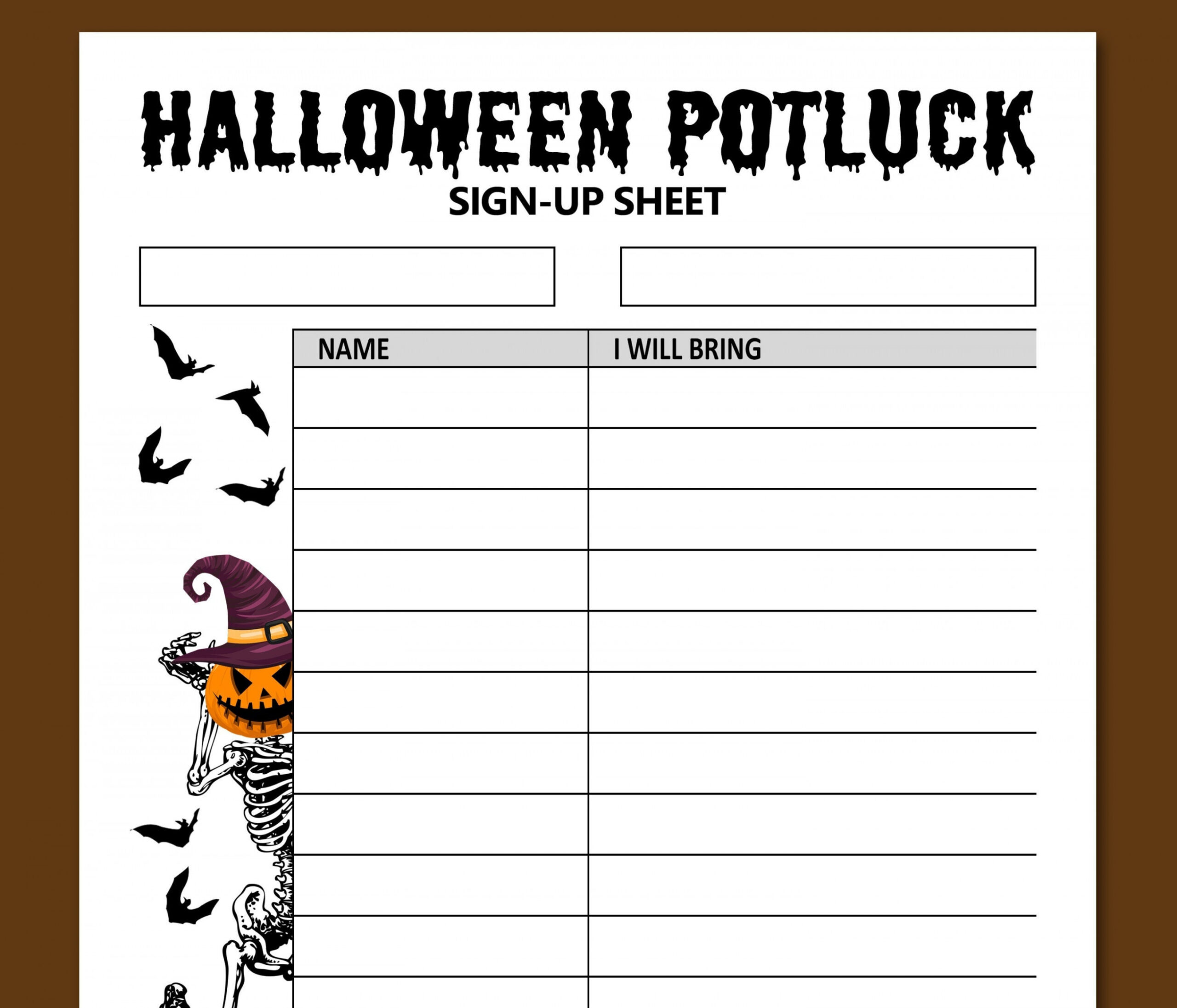 Halloween Potluck Sign Up Sheet Printable Letter