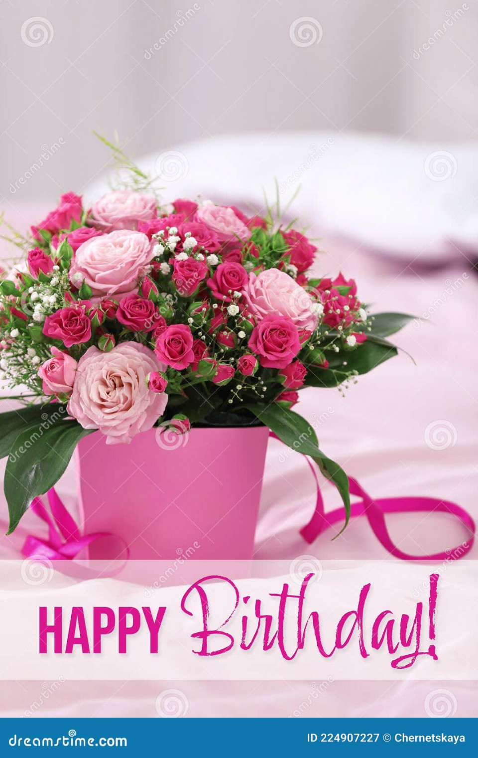 Happy Birthday! Beautiful Bouquet of Flowers in Gift Box Stock