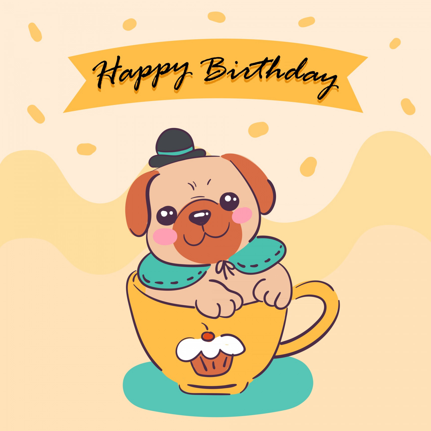 Happy birthday card decorated with puppies in a mug  Vector