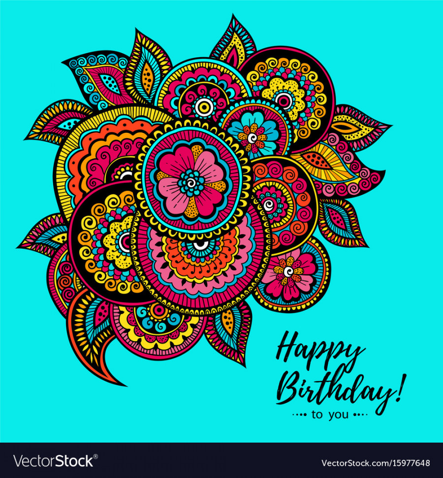 Happy birthday card with indian floral pattern Vector Image