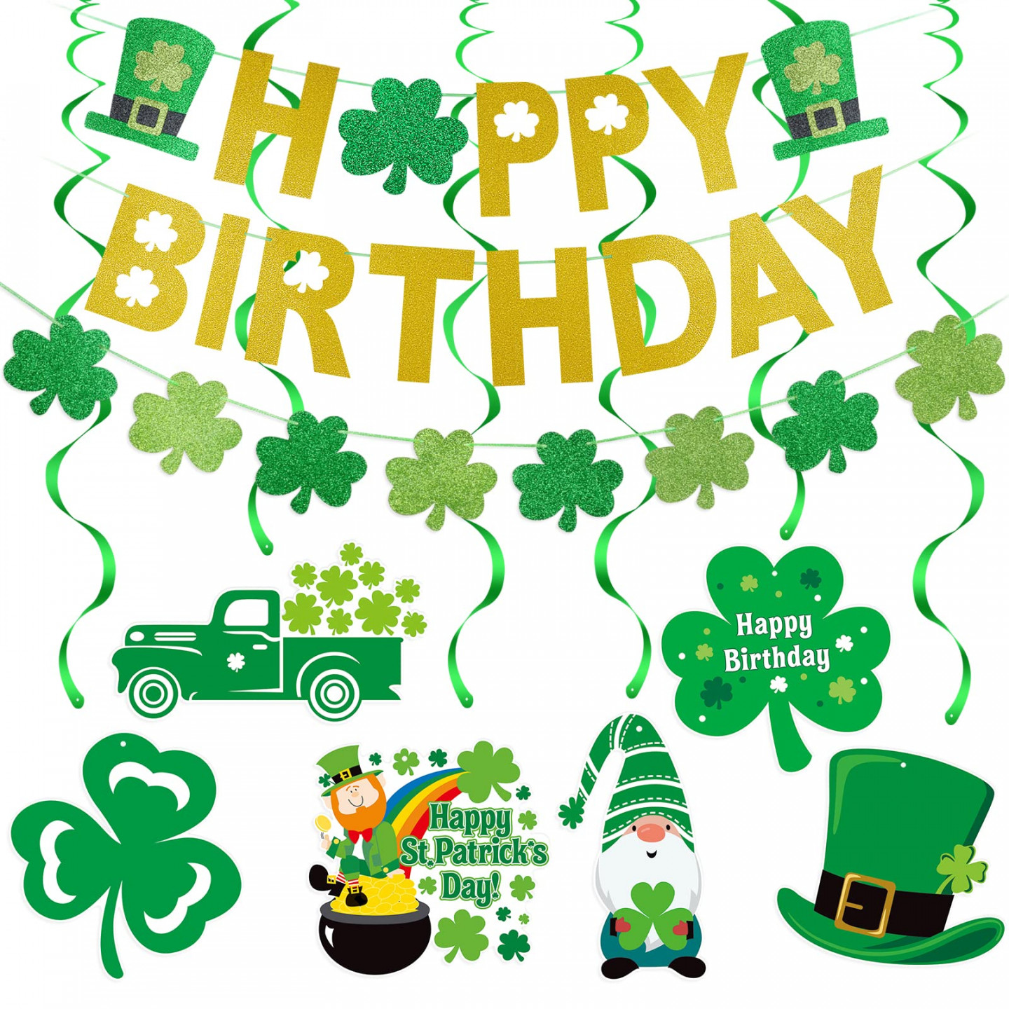 Happy Birthday St Patricks Day Banner Gold Glitter St