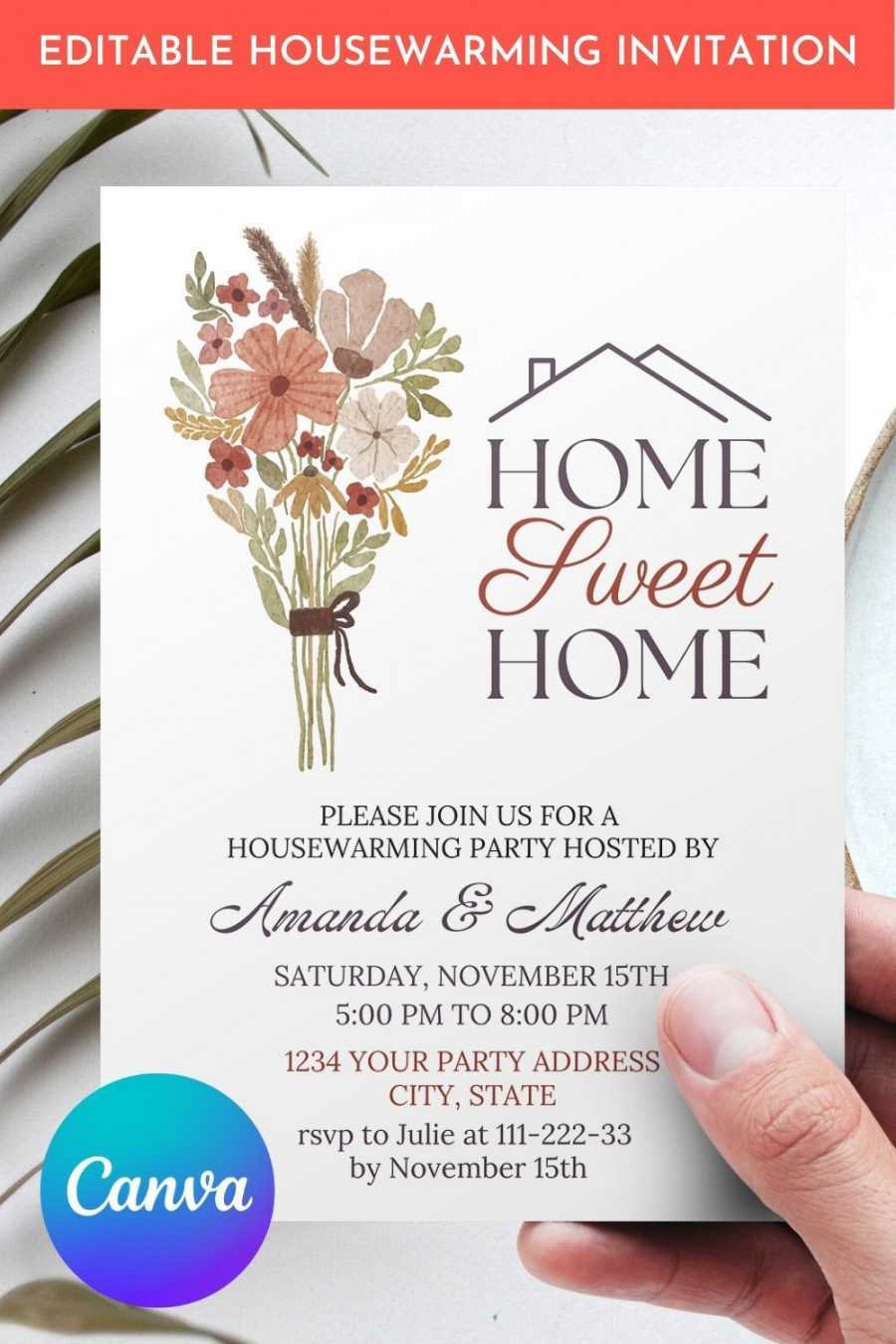 Housewarming Party Invitation Floral Home Sweet Home House - Etsy