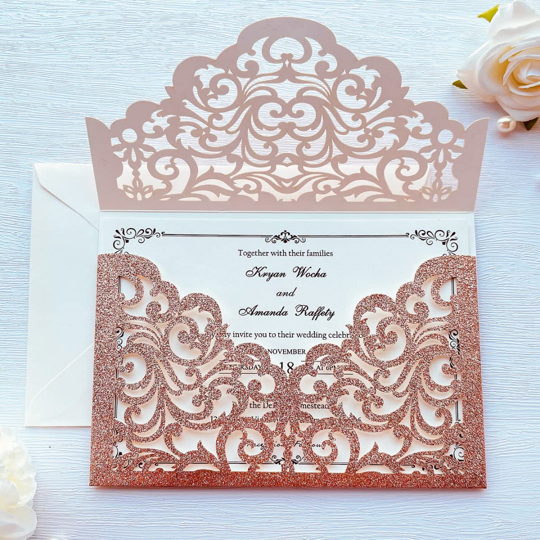 KUCHYNEE  x  cm Rose Gold Glitter Wedding Invitations with Envelopes  Wedding Invitations Kit forSee more KUCHYNEE  x  cm Rose Gold Glitter