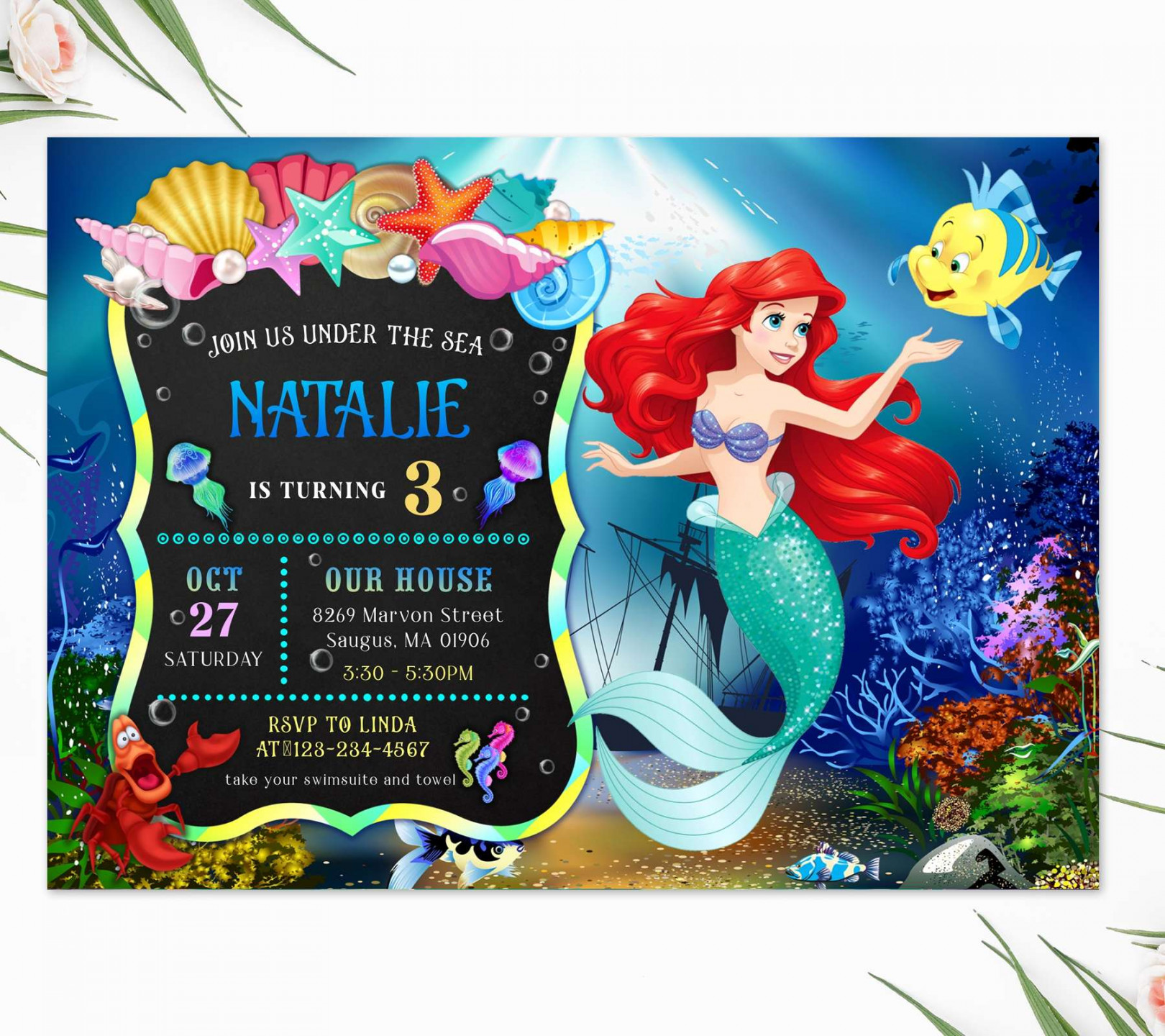 Little Mermaid Birthday Invitation Editable Template