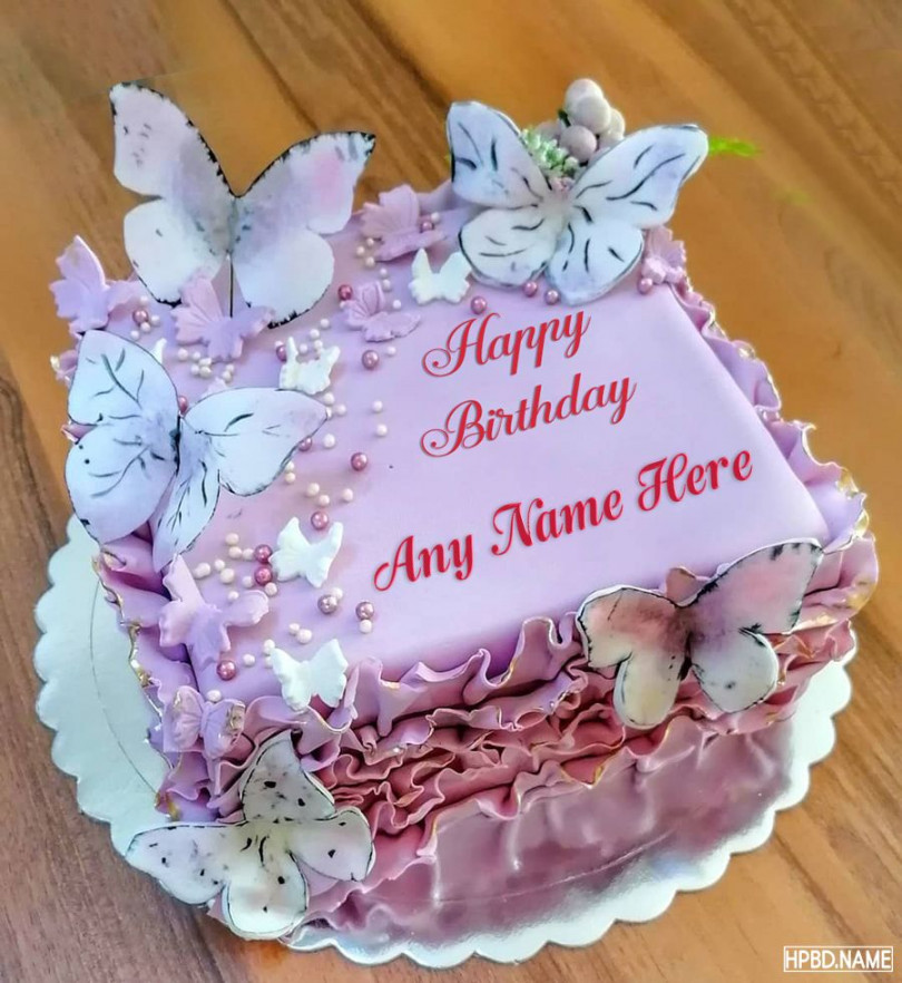 Lovely Pink Butterfly Birthday Cake With Name Editor  Birthday