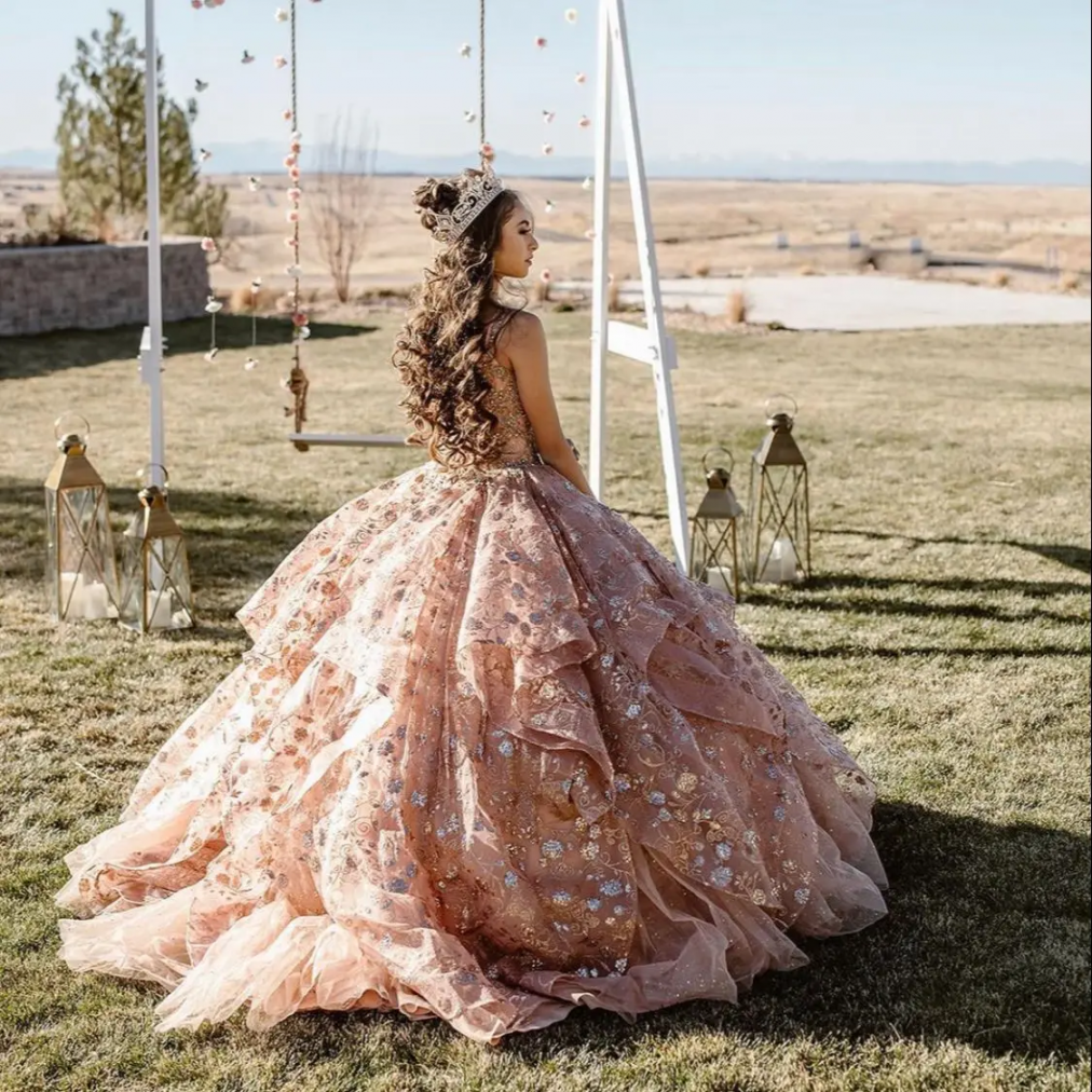 LSYX Rose Gold Luxus Quinceanera Kleid  Pailletten Perlen Ärmel Partei  Prinzessin Süße  Ballkleid Vestidos De  Años