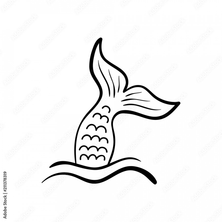 Mermaid tail in sea waves, vector hand drawn illustration, black