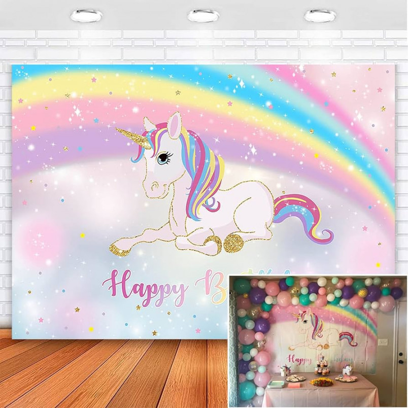 Mocsicka Unicorn Birthday Background Pastel Rainbow Unicorn Birthday Party  Photo Background xft Glitter Unicorn Banner Backgrounds Cake Table