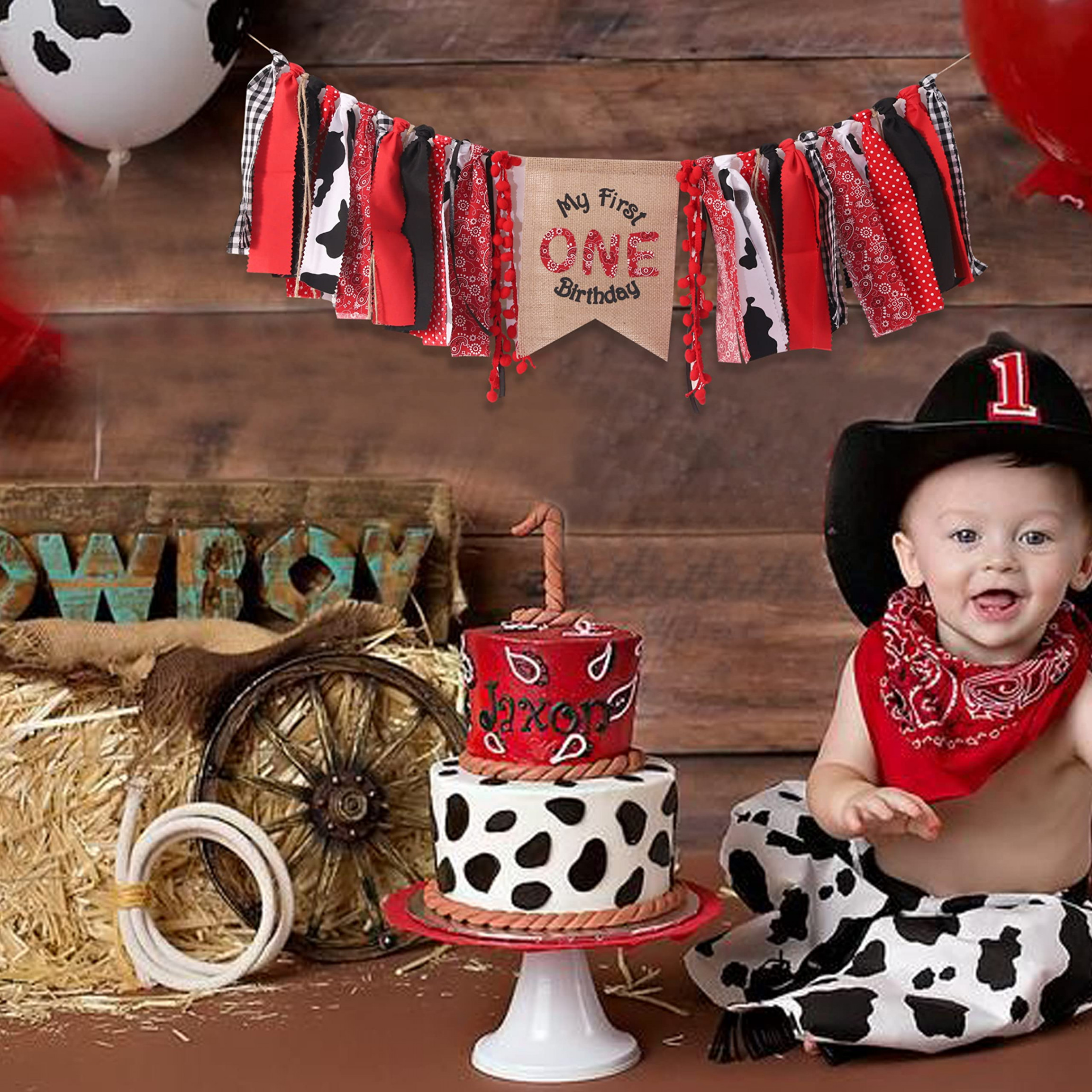 My First Birthday Cowboy Cowgirl Rodeo Banner – Western-Thema Hochstuhl  Geburtstag One-Party Banner Foto Requisite (rote Kuh)