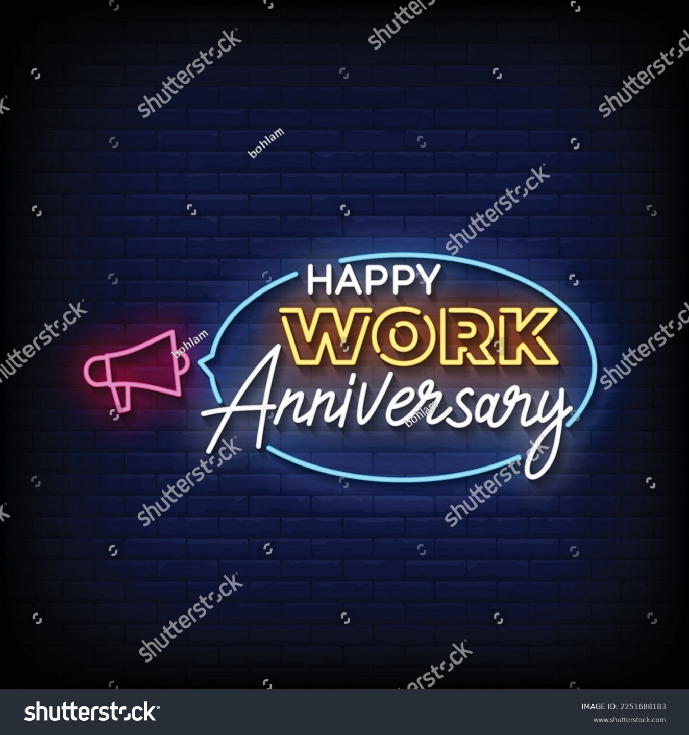 Neon-Zeichen-Happy-Work-Jubiläum mit Ziegelwand, Vektorgrafik