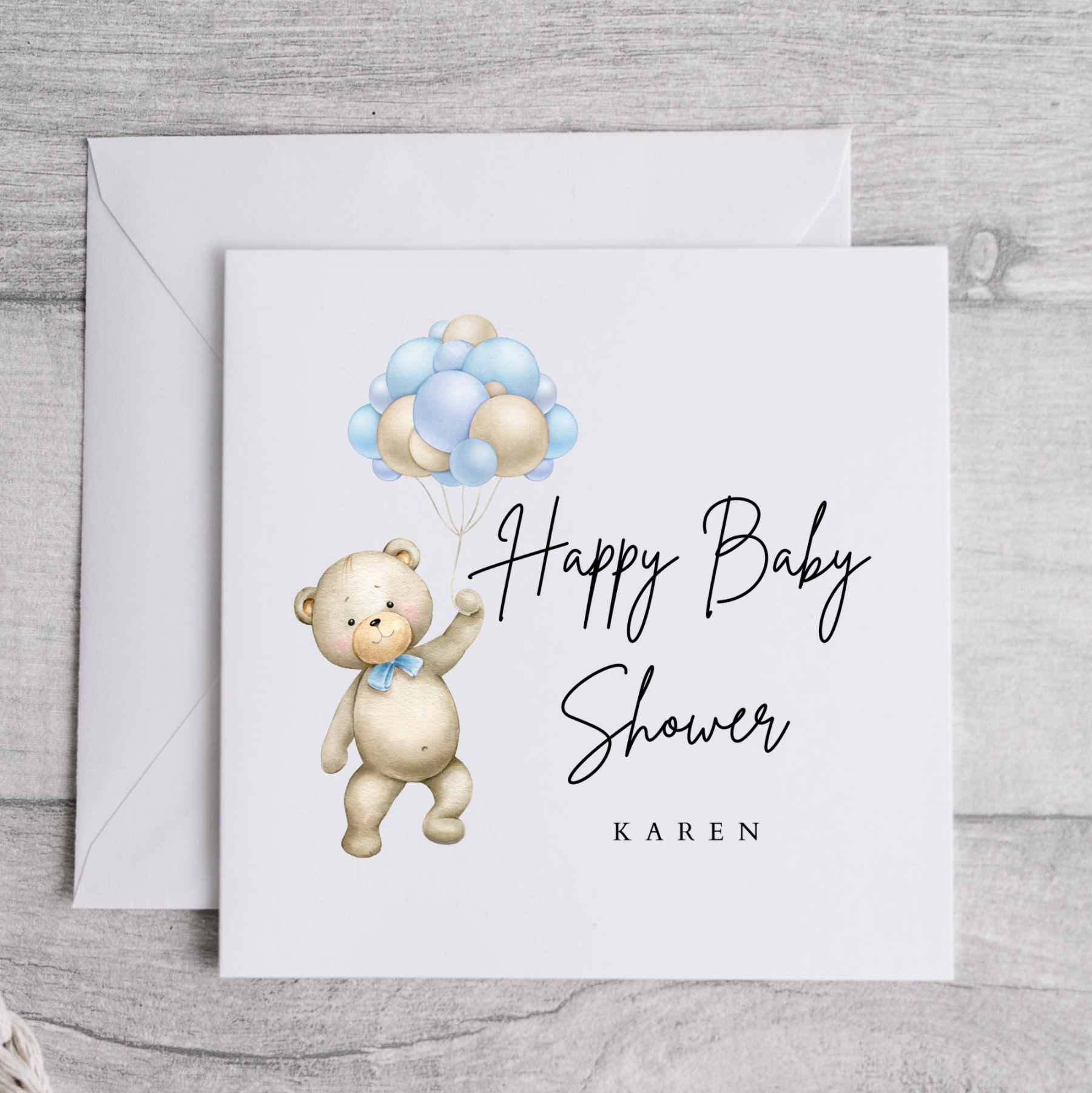 Personalised Happy Baby Shower Card. Mummy to be Baby Boy, Blue Balloon  Bear Shower Card.