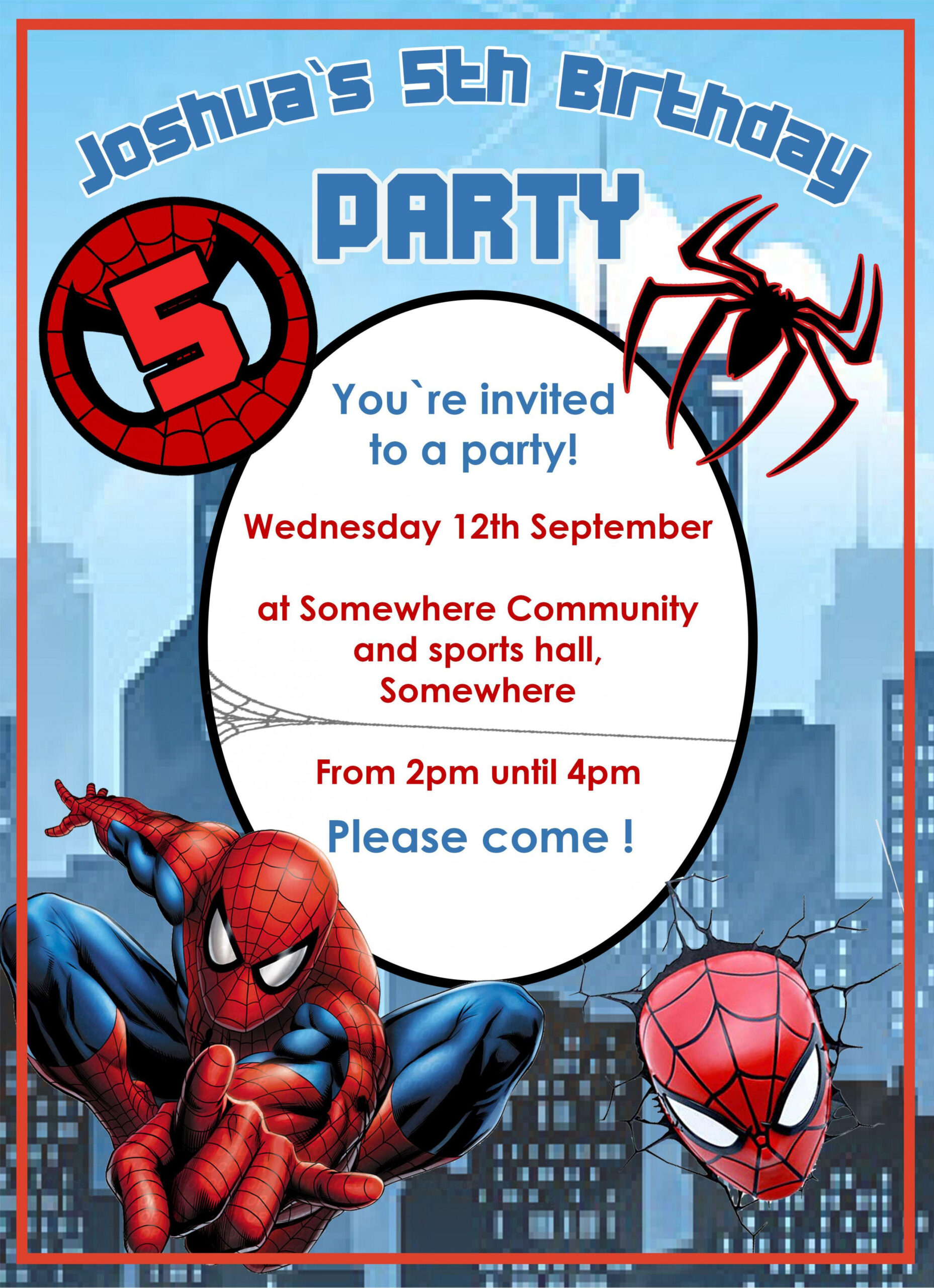 Personalised Spiderman Theme Birthday Invitation (pk)