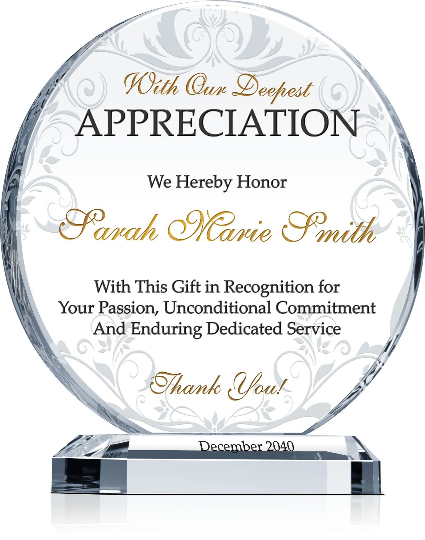 Personalized Crystal Appreciation Award Plaque, Customized with Recipient  Name and Date, Unique Thank You Gift Plaque for Employee, Staff, Board