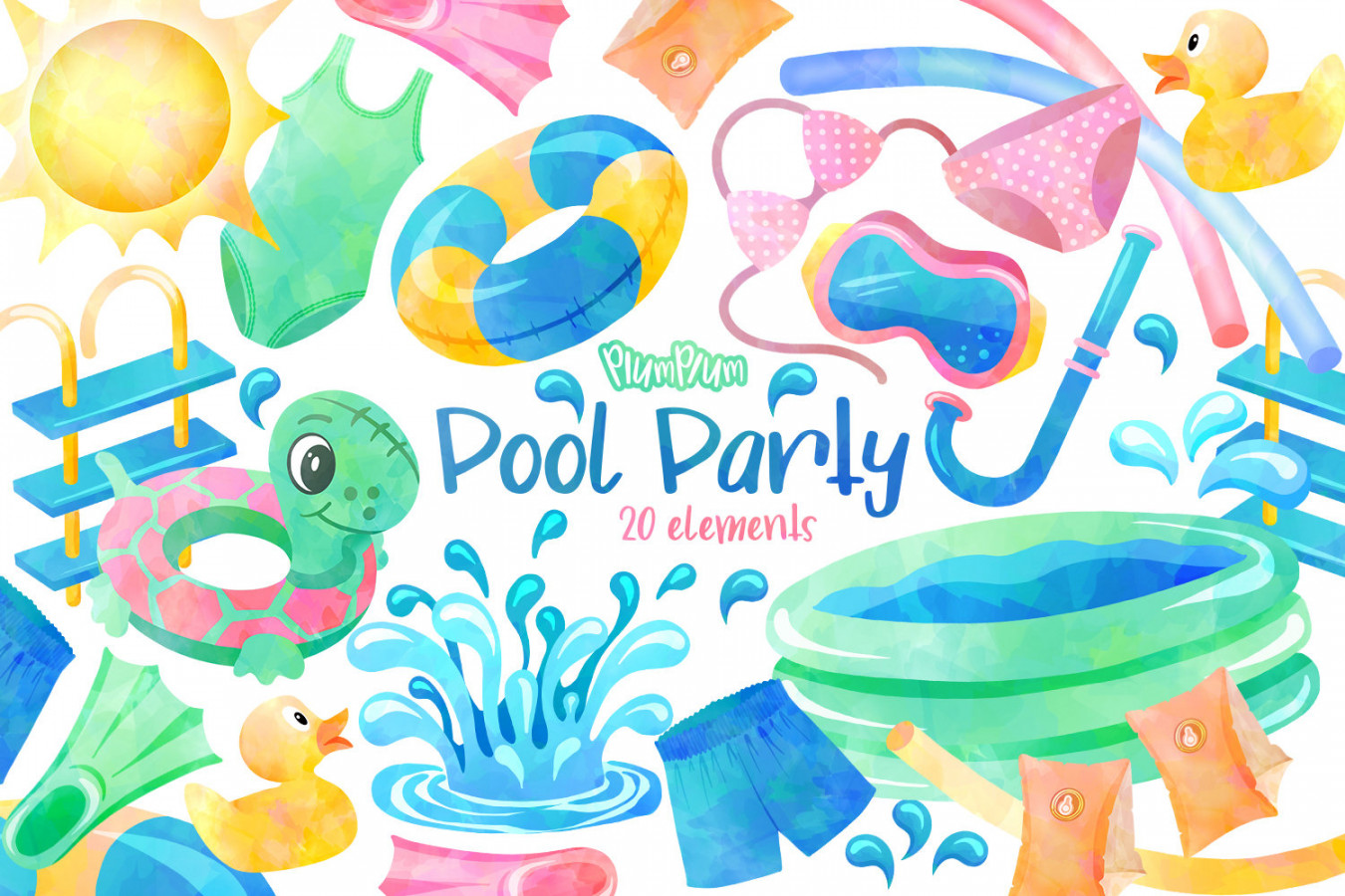 Pool Party Clipart, Urlaub Clipart, Aquarell Sommer Clipart, SommerParty,  Scrapbook Elemente, Schwimmen Clipart, Pool Party Artikel