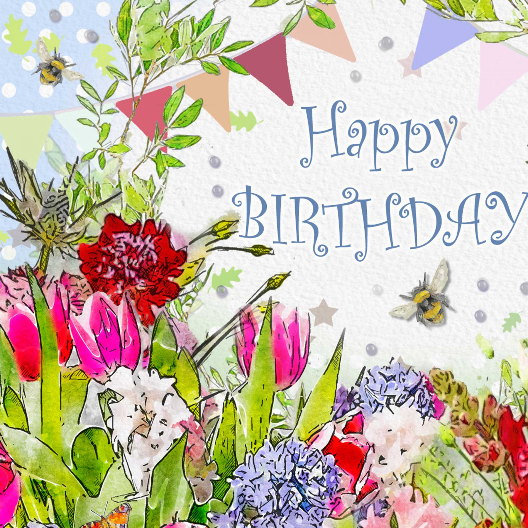 Pretty Happy Birthday Card Spring Flowers with Bee -