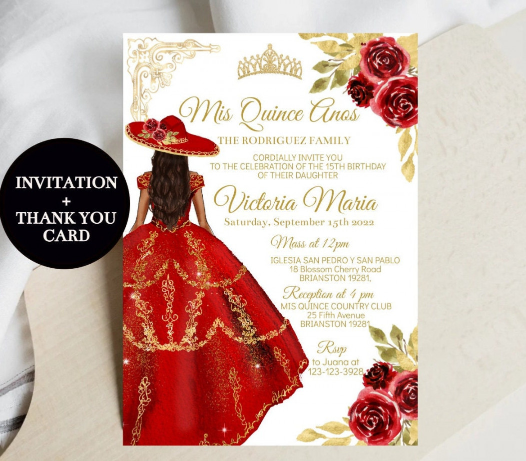 Quinceañera Invitation Red Charro Editable Template Red Gold - Etsy