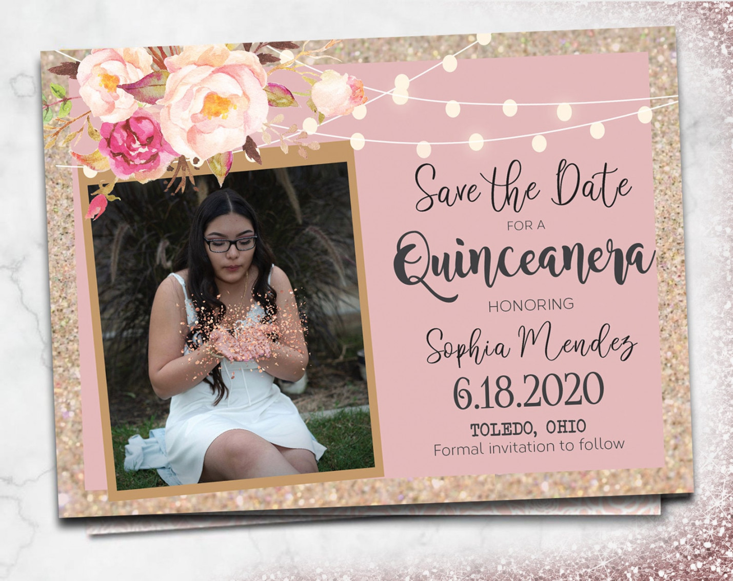 Quinceanera Save The Dates Photo Magnets Cards Pink gold Girls