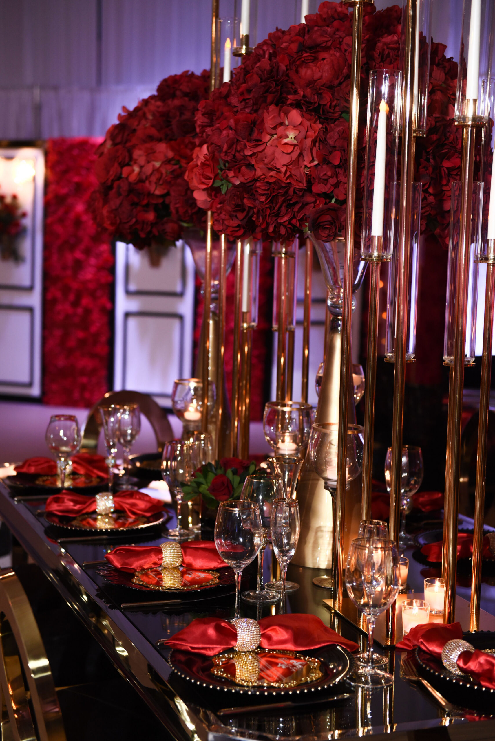 Red, gold and black wedding reception decor  Red wedding