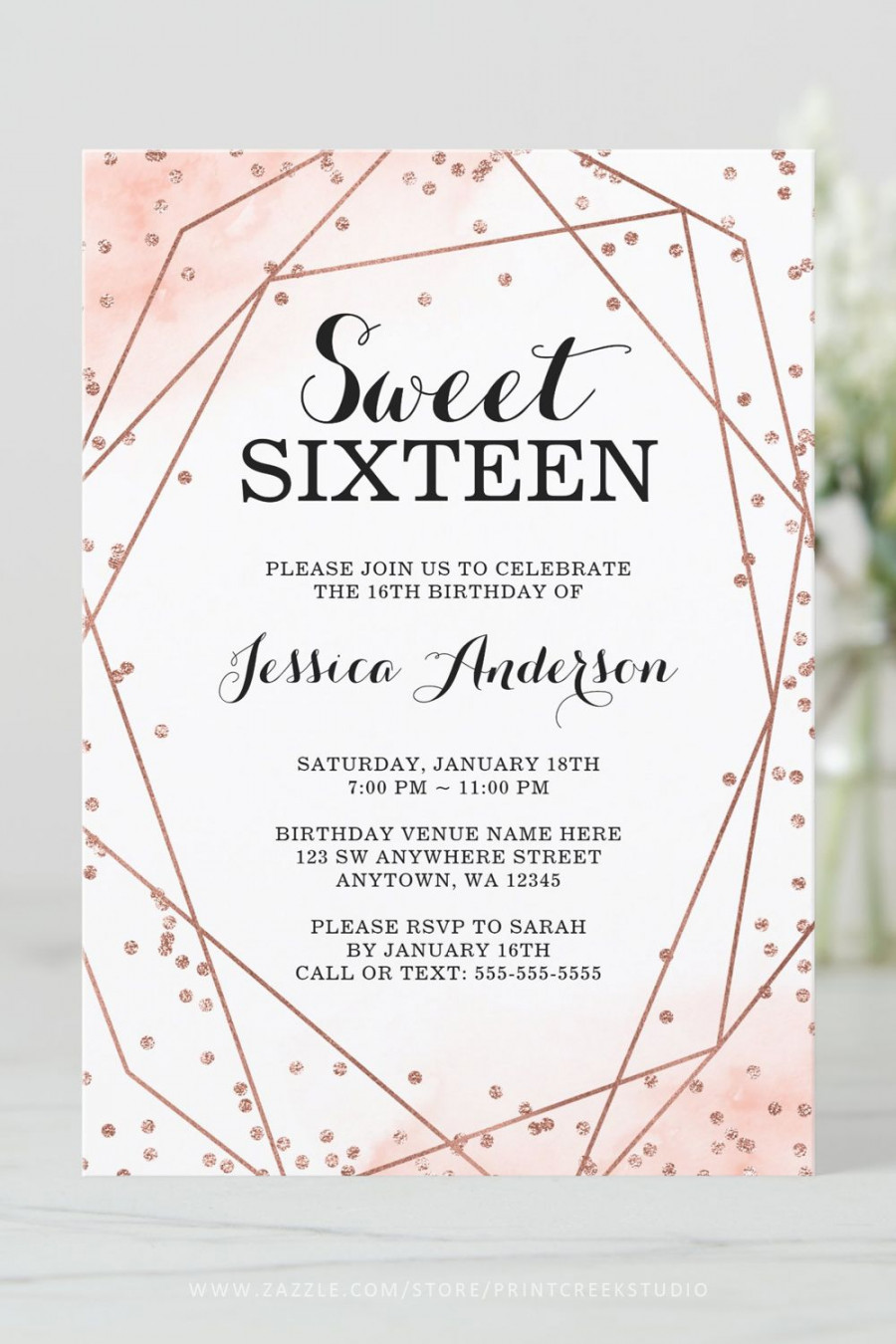 Rose Gold Faux Glitter Geometric Sweet  Birthday Invitation