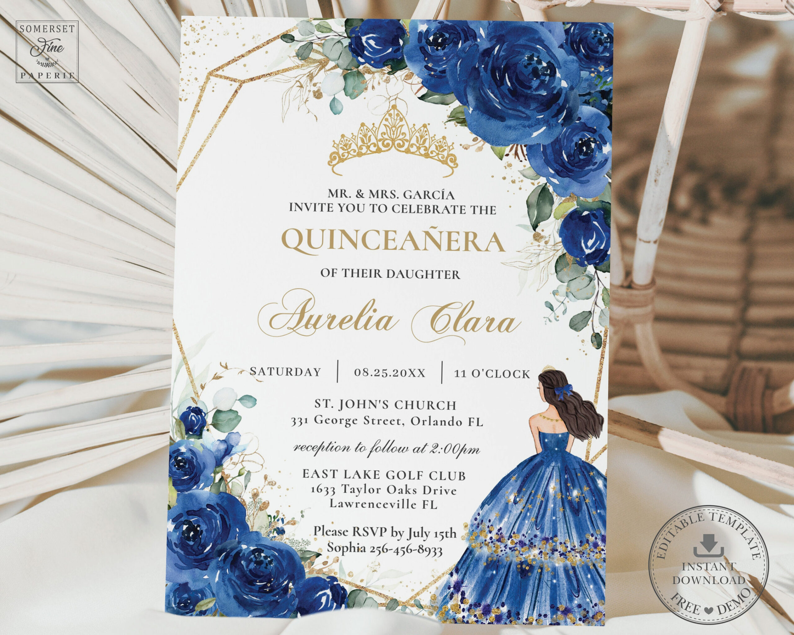 Royal Blue Floral Quinceañera Einladung druckbare INSTANT - Etsy