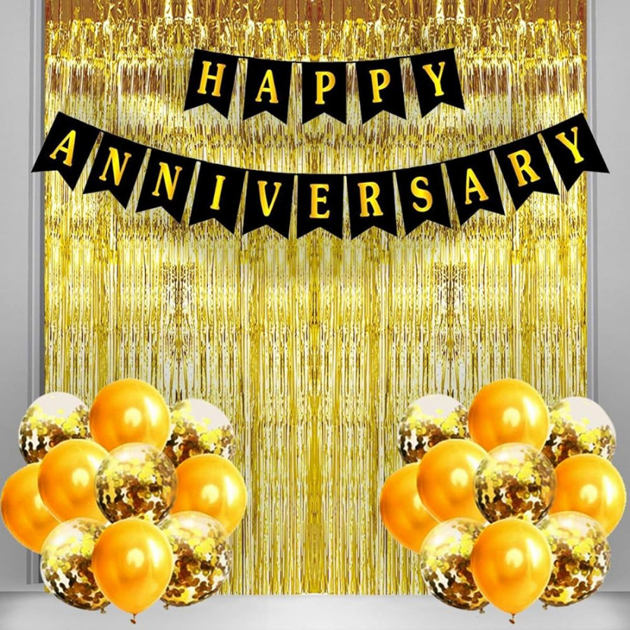 Rozi Decoration Happy Anniversary Party Decorations Combo Including Banner,  Confetti & Metallic Balloons, Foil Fringe Curtain For Marriage Anniversary