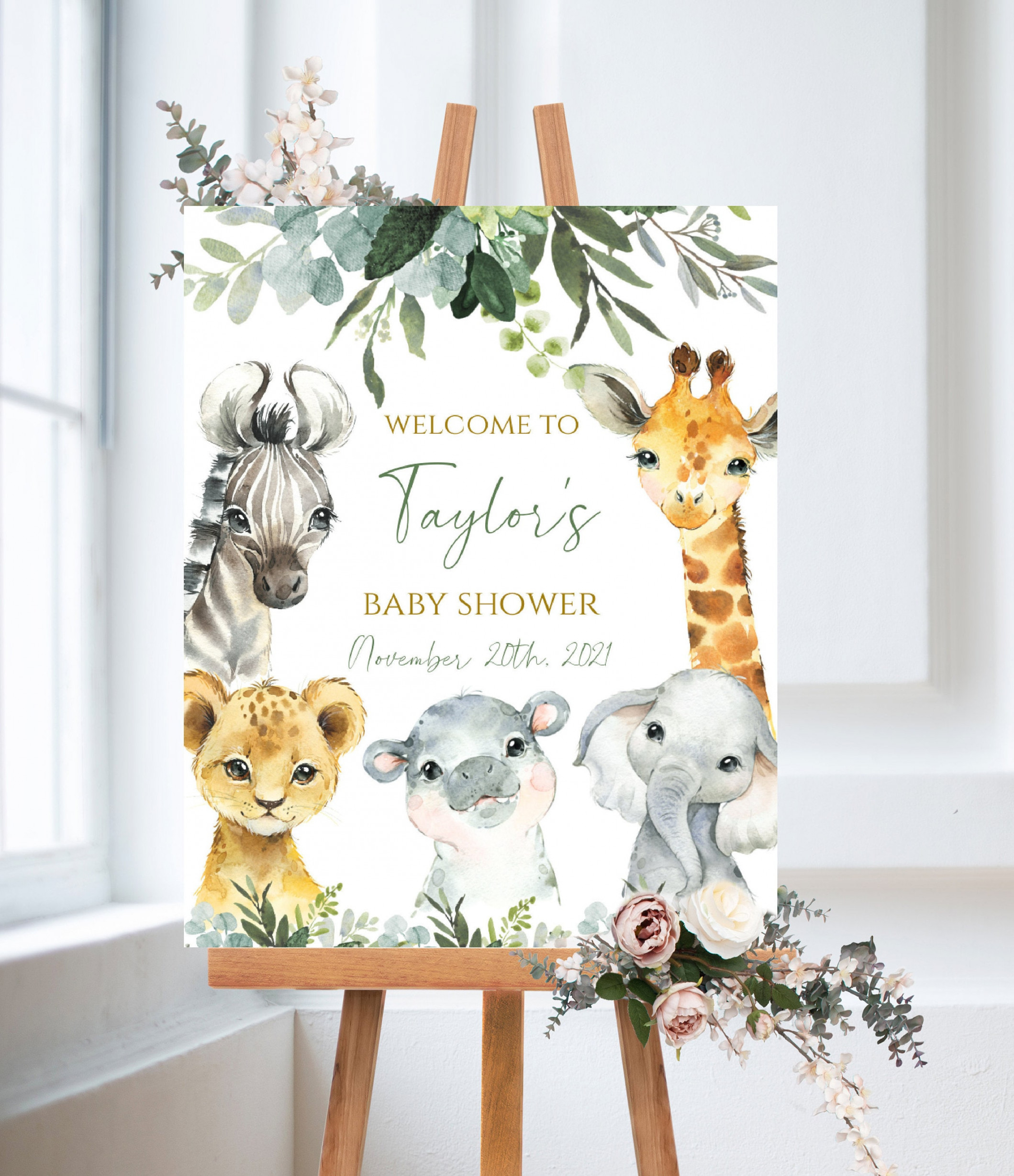 Safari Baby Shower Welcome Sign, Jungle welcome sign, baby shower zoo  animal welcome sign, printable sign, Sage Green shower decor, SA