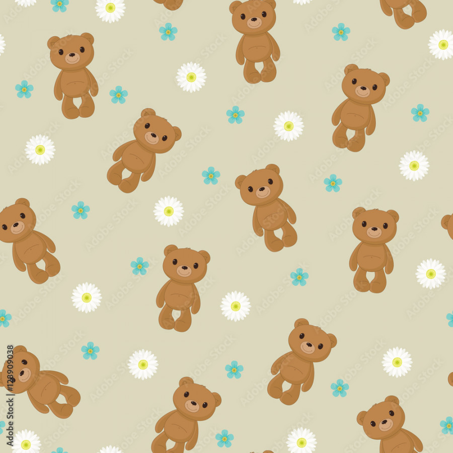 Seamless wallpaper with cute teddy bear on floral background Stock