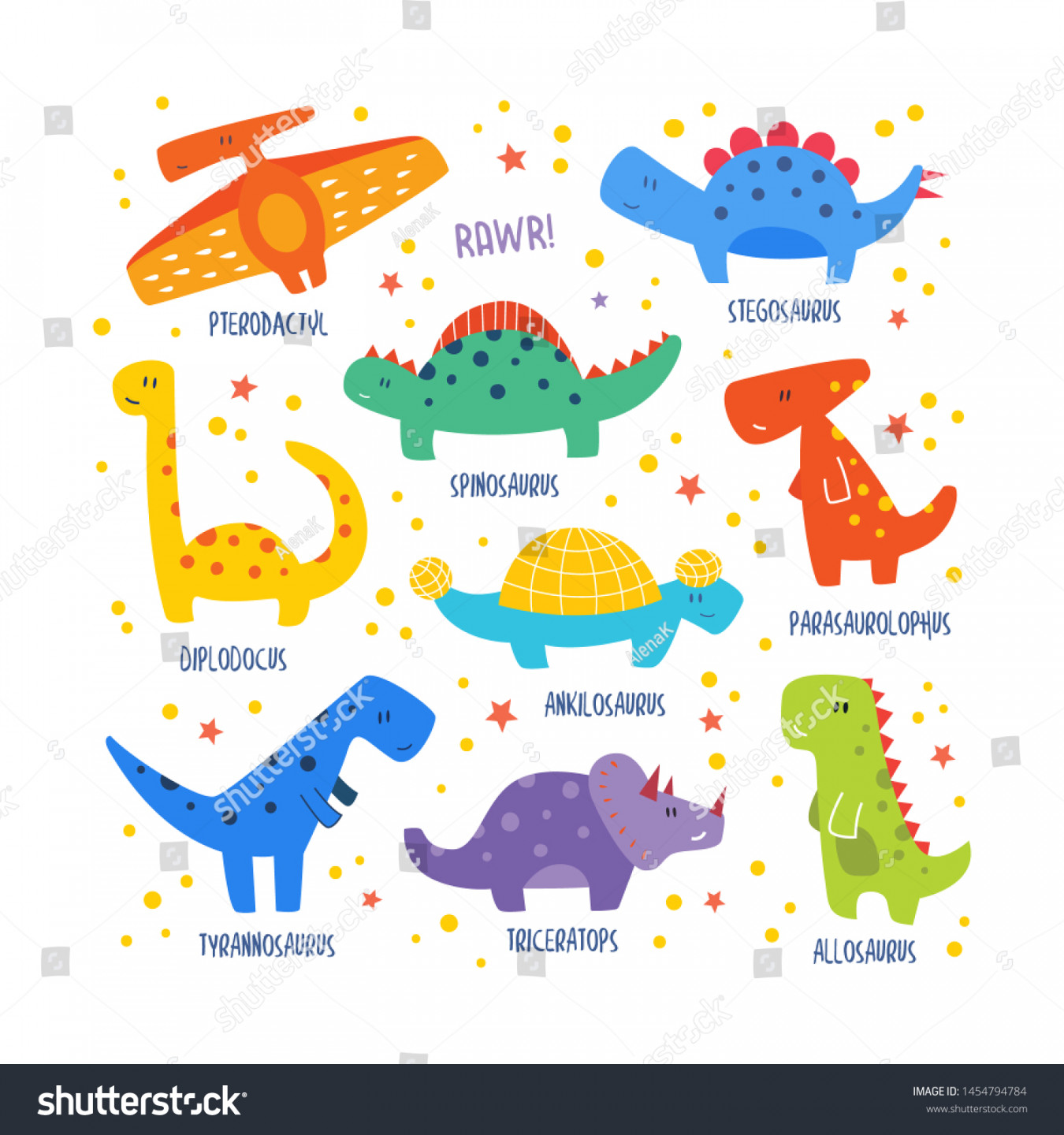 Set Cute Colorful Cartoon Dinosaurs Names: vector de stock (libre