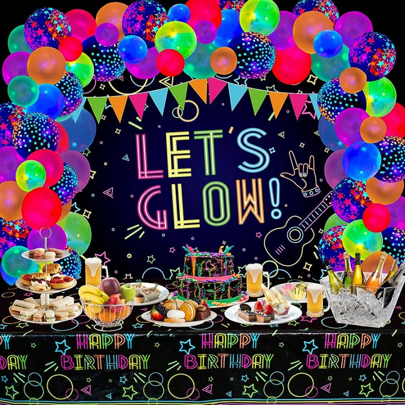 Stück Glow Neon Birthday Party Supplies - Lassen Sie Uns  Hintergrundbanner leuchten, Neon-Tischdecke, Im Dunkeln leuchtende  Luftballons für Kinder