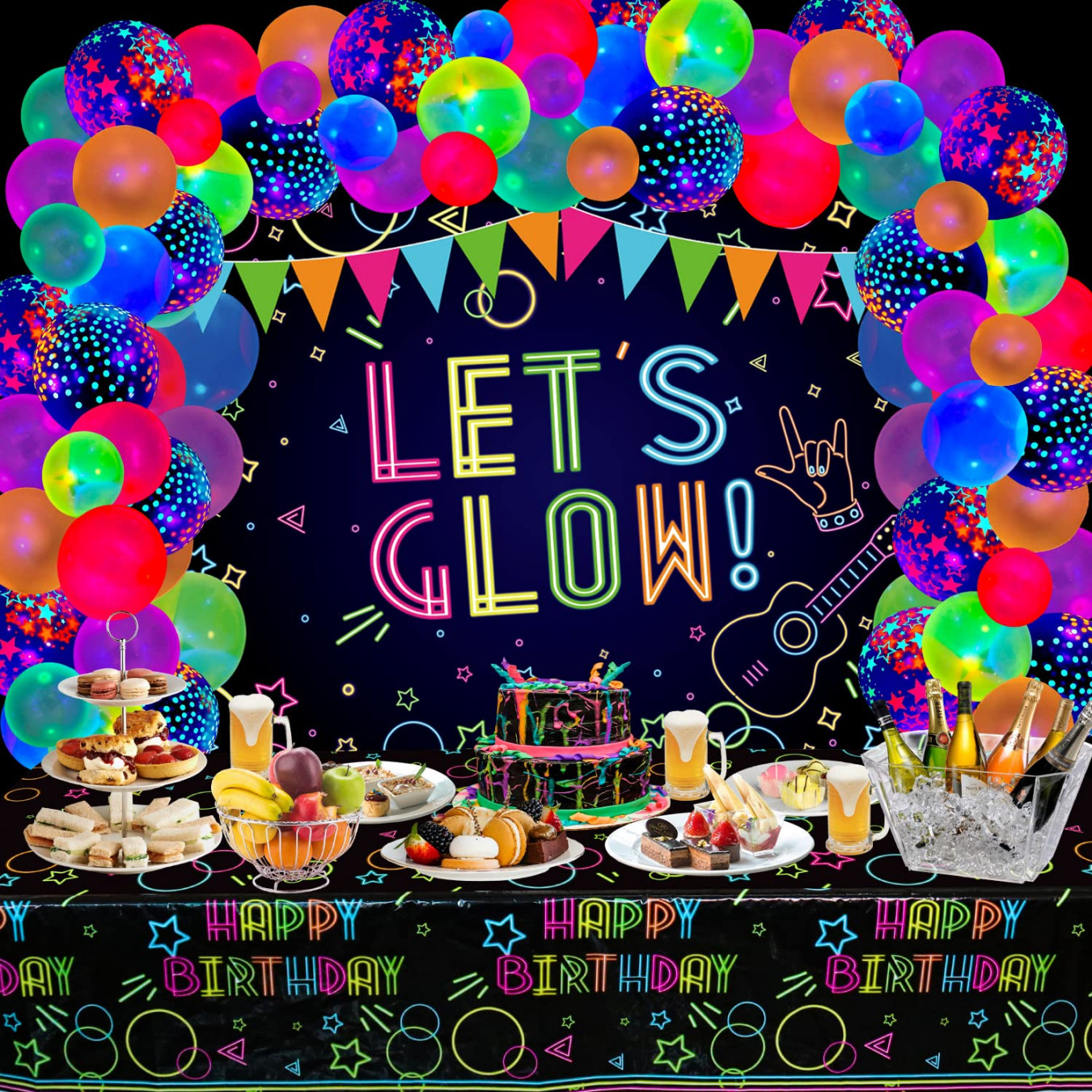 Stück Glow Neon Birthday Party Supplies - Lassen Sie uns  Hintergrundbanner leuchten, Neon-TischdeMehr anzeigen  Stück Glow Neon  Birthday Party