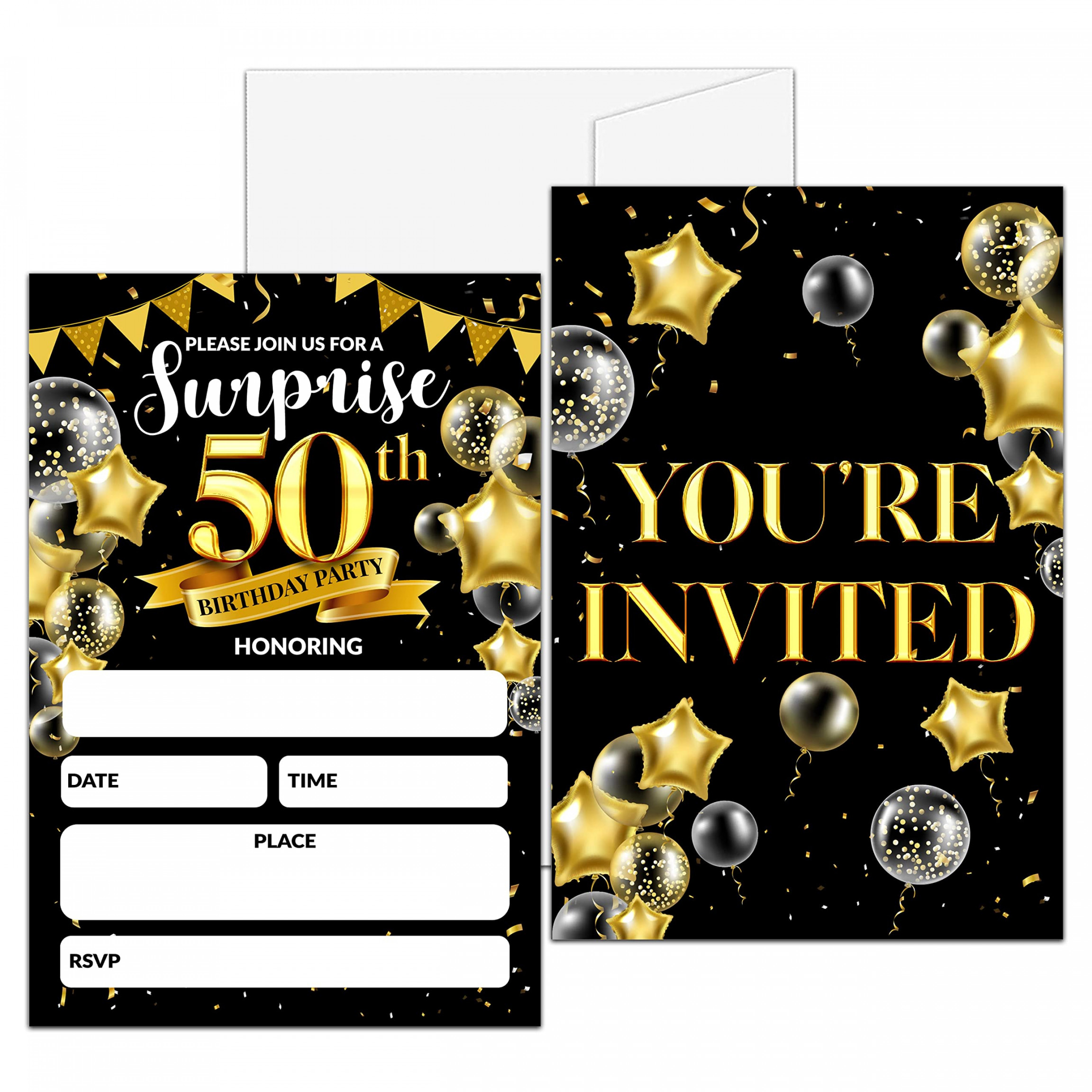 Surprise th Birthday Party Invitations Black and Gold Fill In Invitations  for Adults, Woman and Man, Party Favours, Decorations and Accessories-