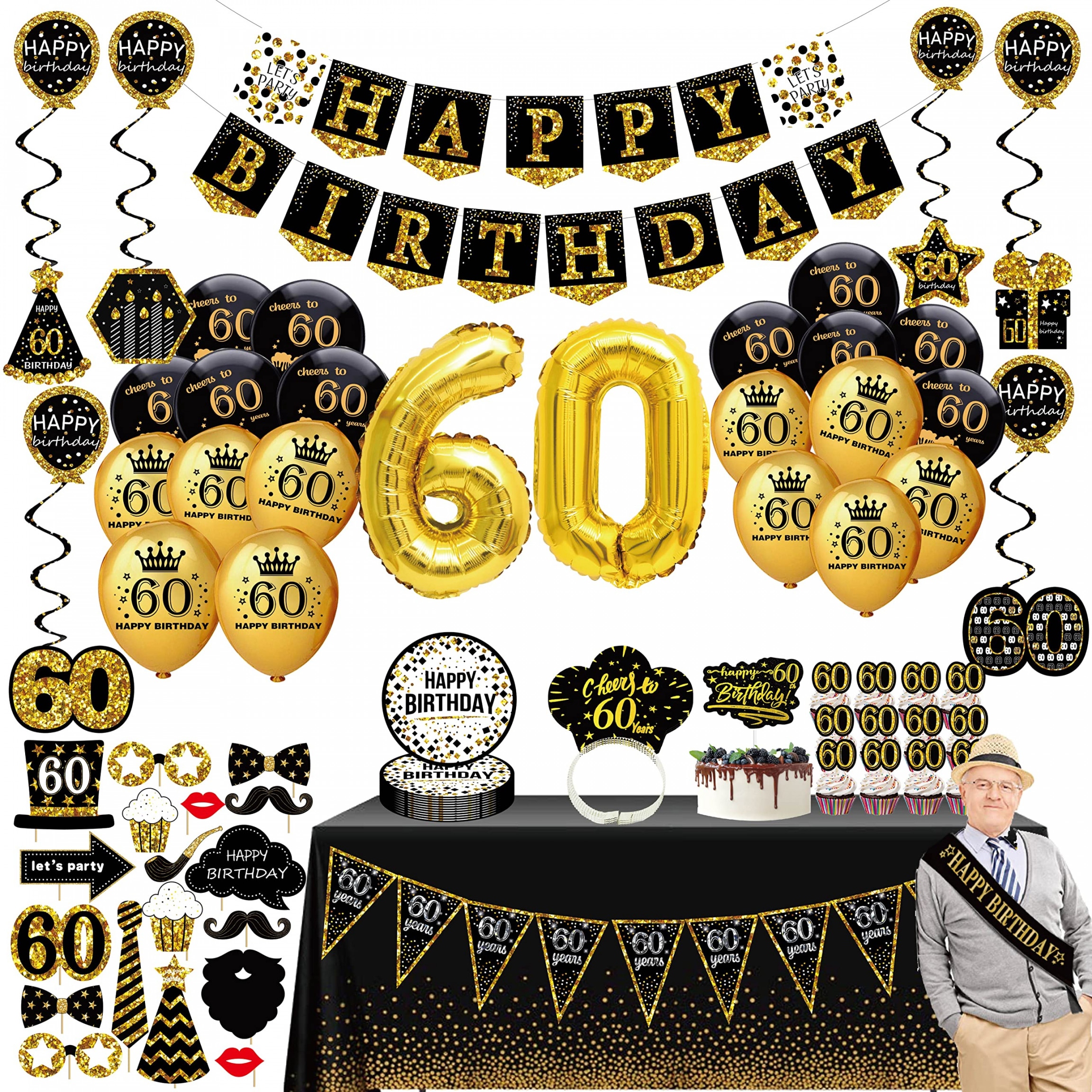 th Birthday Decorations for Men - ( Pack) Black Gold Party