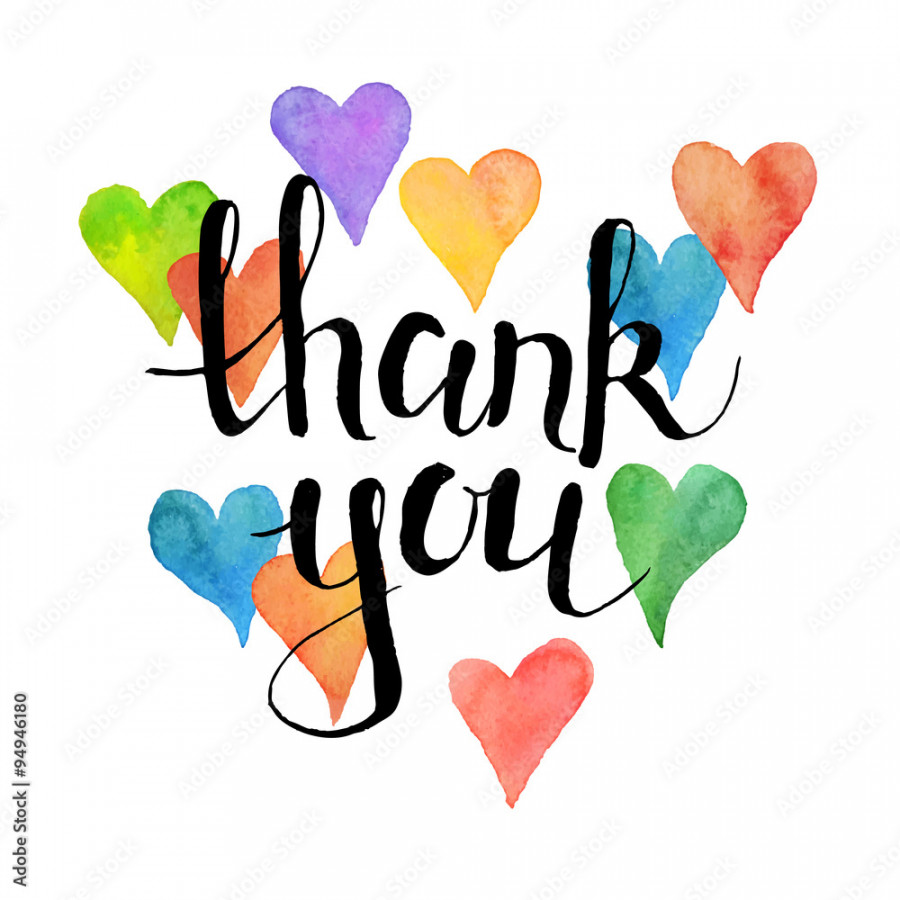 Thank you lettering with watercolor hearts on background