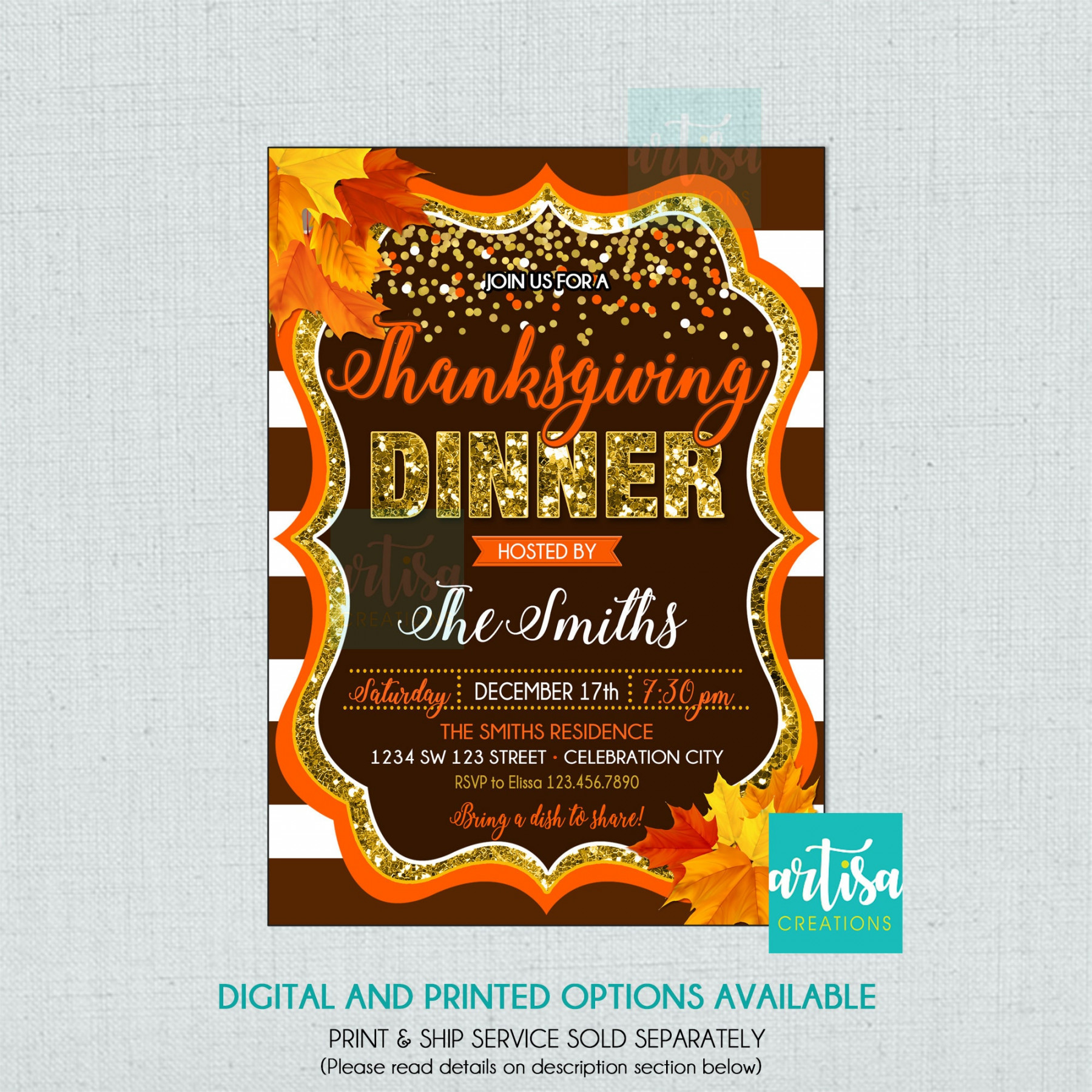 Thanksgiving Dinner Invitation Thanksgiving Invitation Gold - Etsy