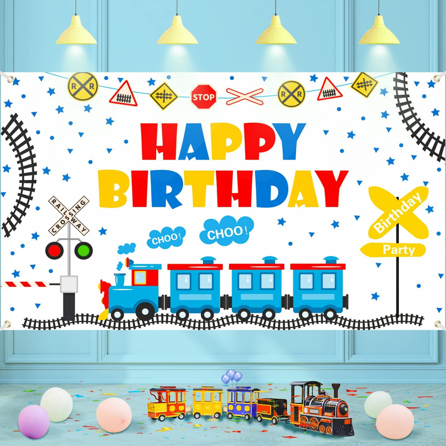 Train Theme Happy Birthday Banner Background Train Party Decorations for  Boys Girls Child Train Birthday Party Supplies Railway Train Crossing Theme