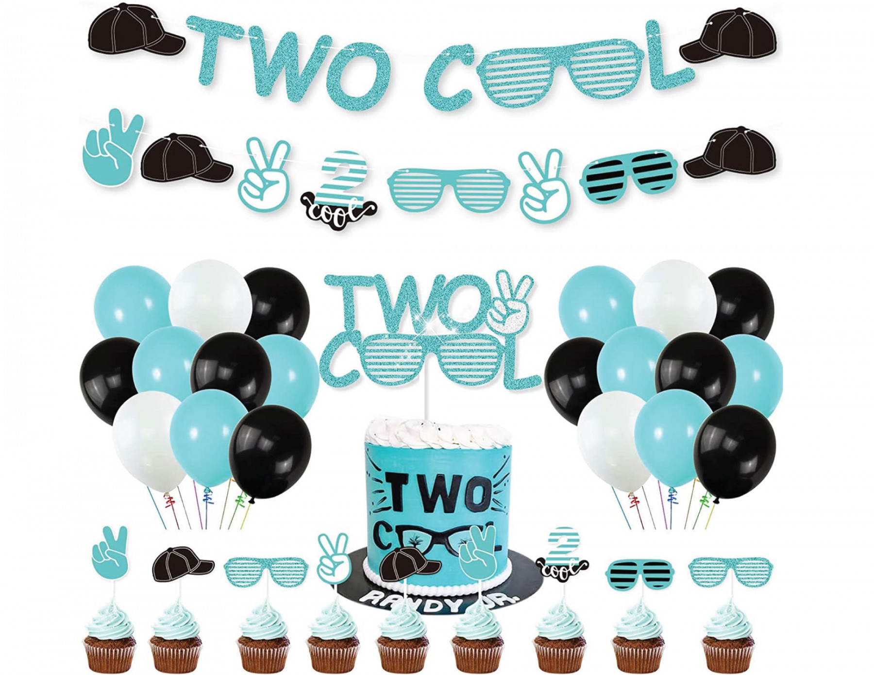 TWO COOL Birthday Decoration, Two Cool Boys nd Birthday Decor Kit, Two  Cool Banner Cake And Cupcake Toppers for Little Man Party