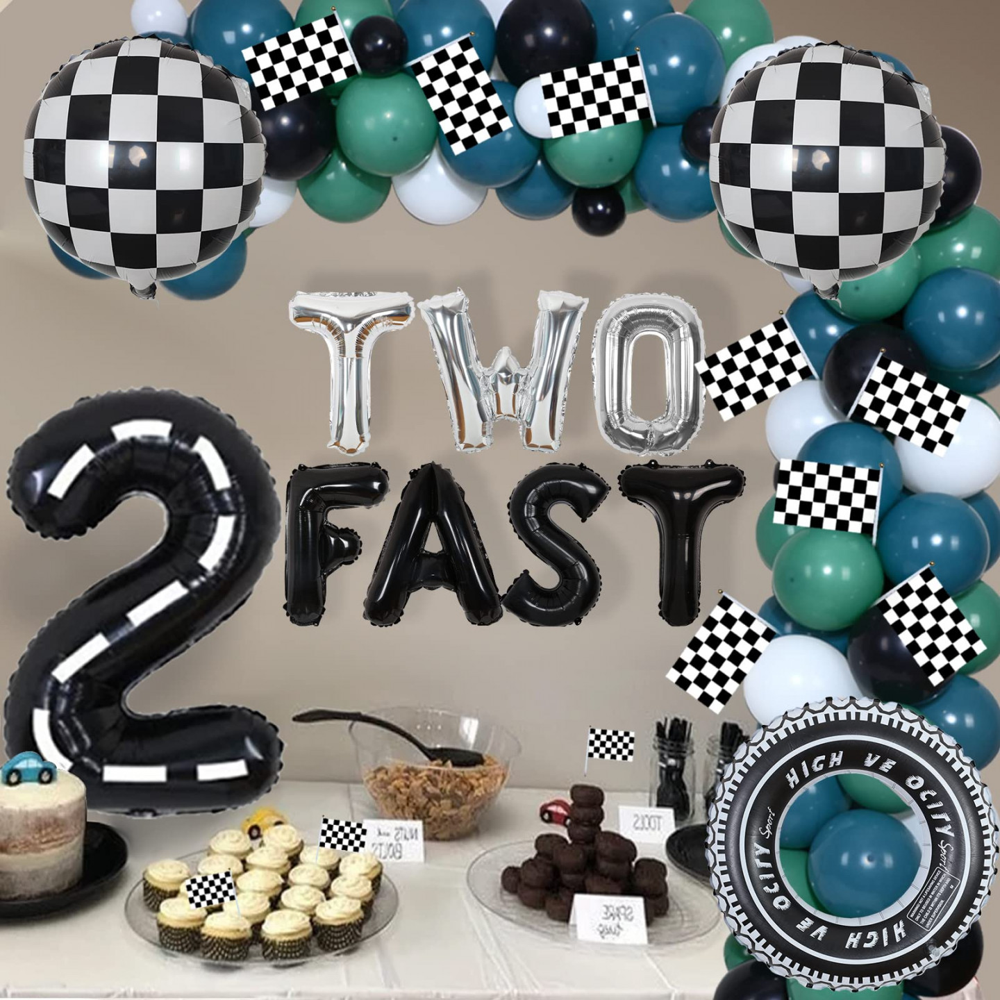 Two Fast Birthday Decorations for Boys Vintage Racing Car Birthday Party  Supplies Blue and Green Balloon Garland Kit with Plaid Foil Balloons  Garland