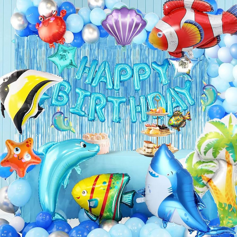 Under the Sea Party Decorations ,Ocean Theme Birthday Party Supplies Blue  Balloons Garland Kit Underwater Animals Foil Balloons Birthday Decorations