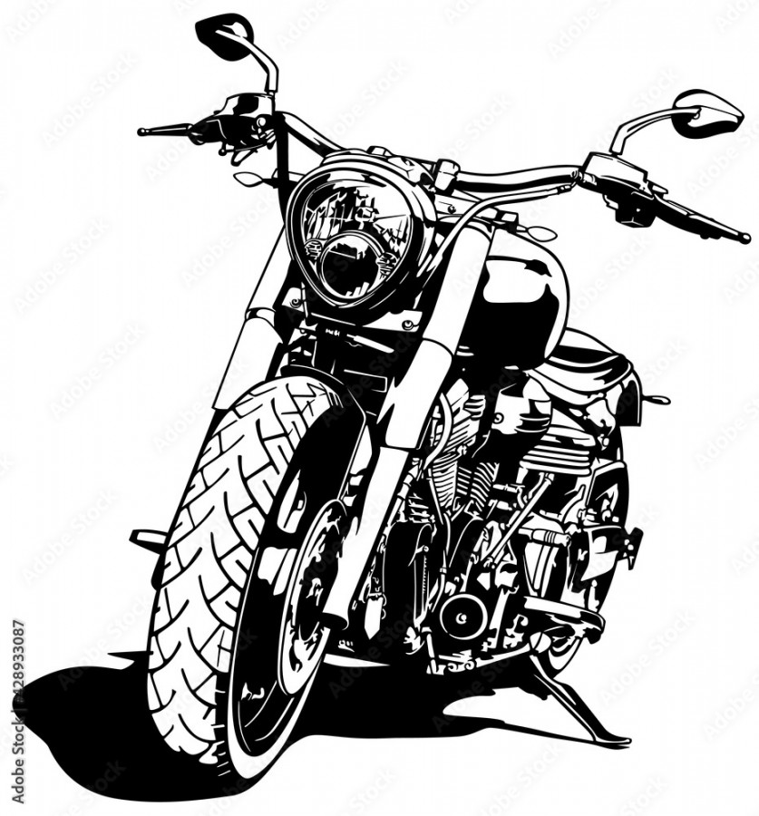 Black and White Motorcycle Drawing Isolated on White Background