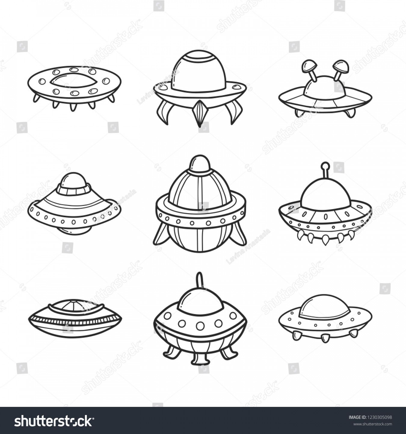 Cartoon flying saucers hand drawn outline illustrations set