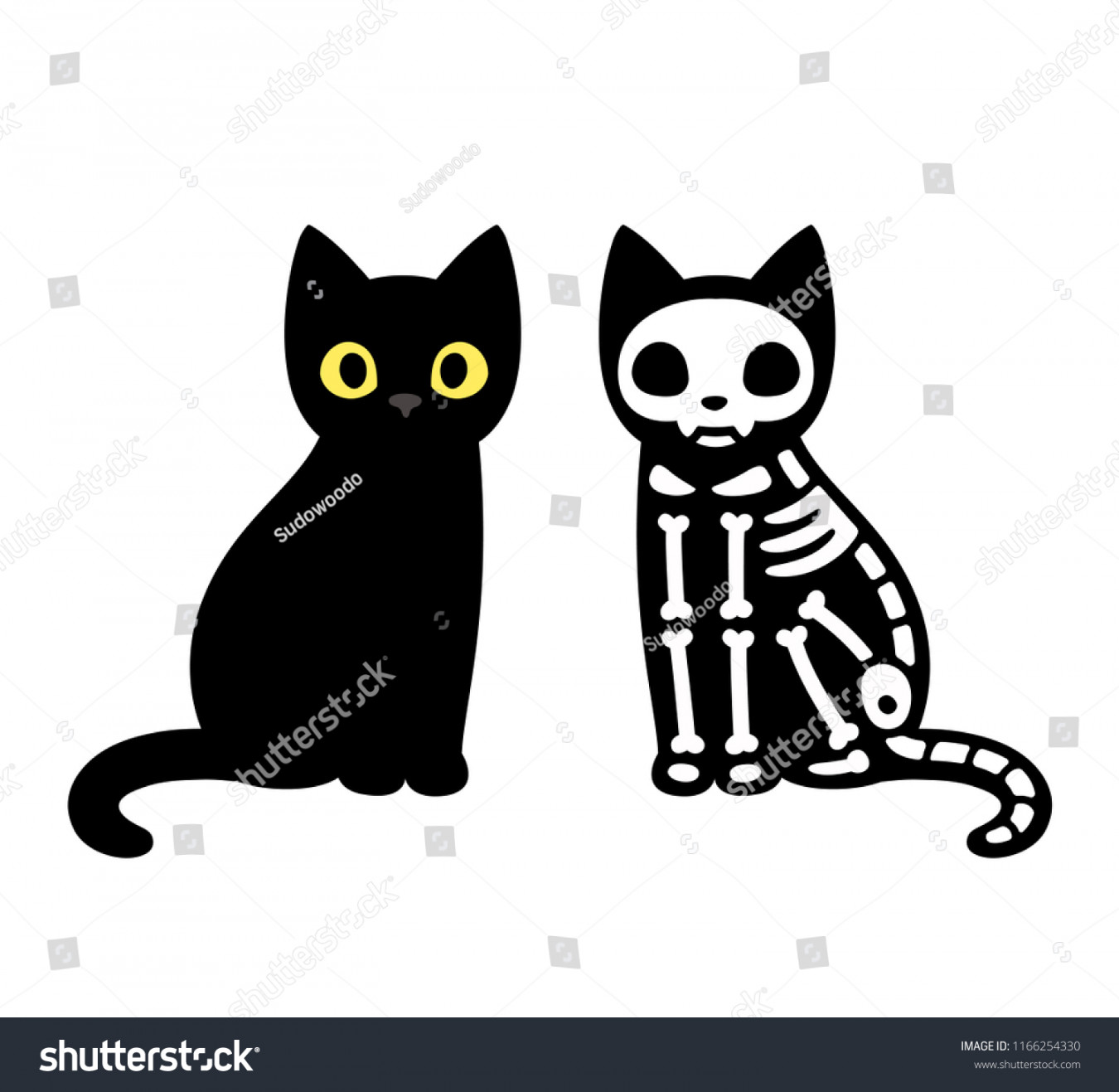 Cartoon schwarze Katze Zeichnung mit Skelett,: Stock-Vektorgrafik