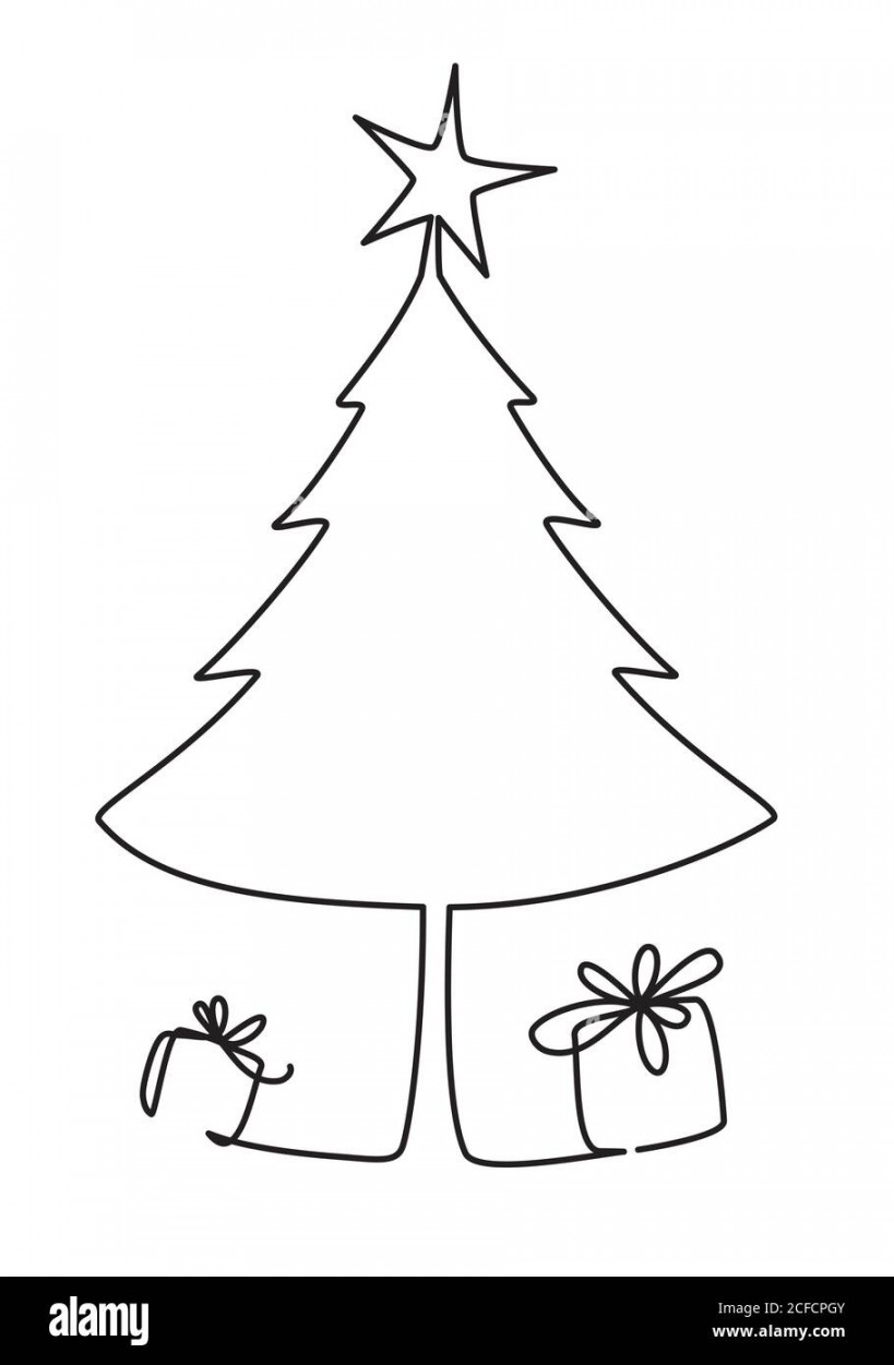 Christmas tree with gifts. One line drawing